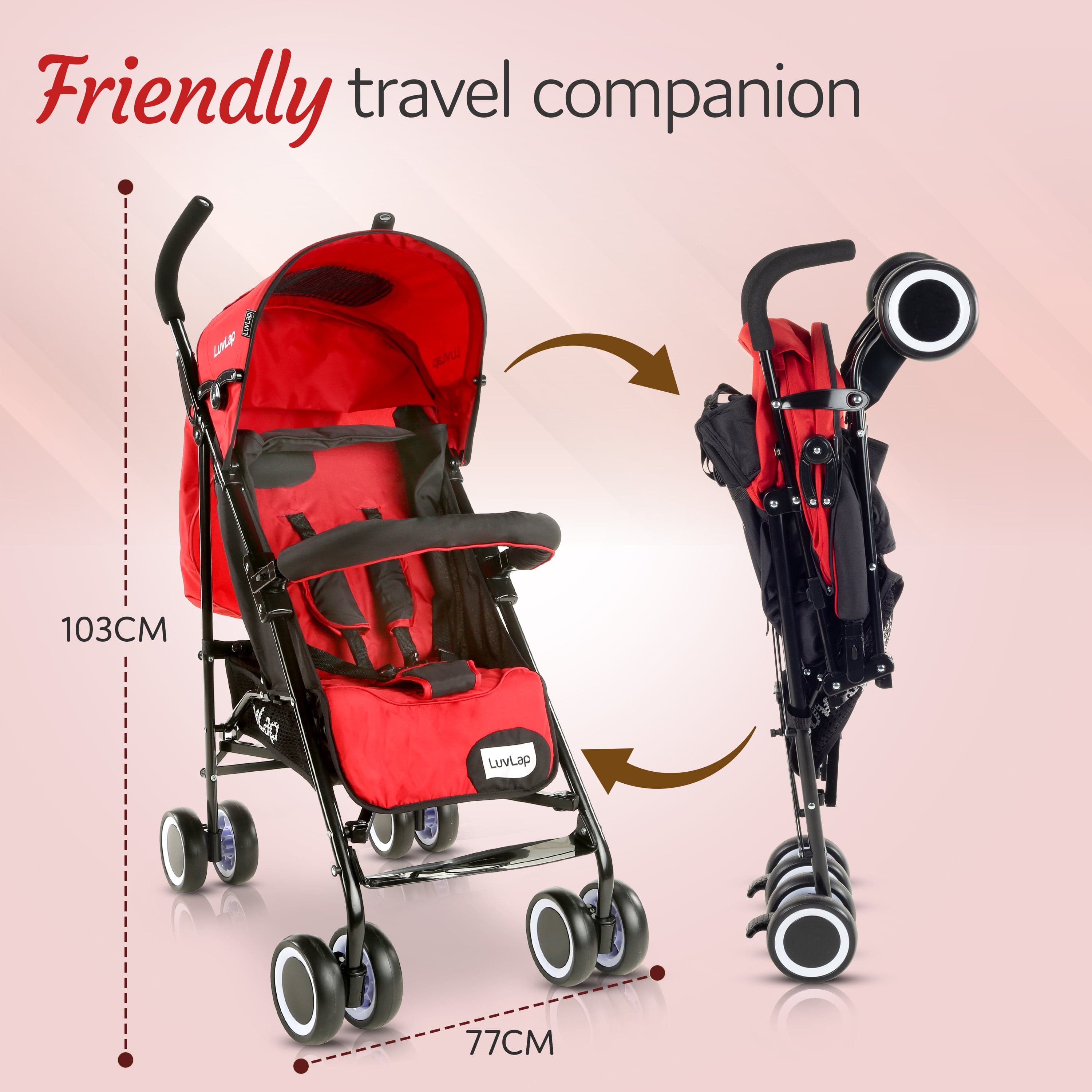 luvlap City Baby Stroller/Buggy, Lightweight, Compact & Travel Friendly pram, for 6-36 Months Baby, 5 Point Safety Harness, Adjustable seat Recline, extendable Canopy, 15Kg Capacity (Red)