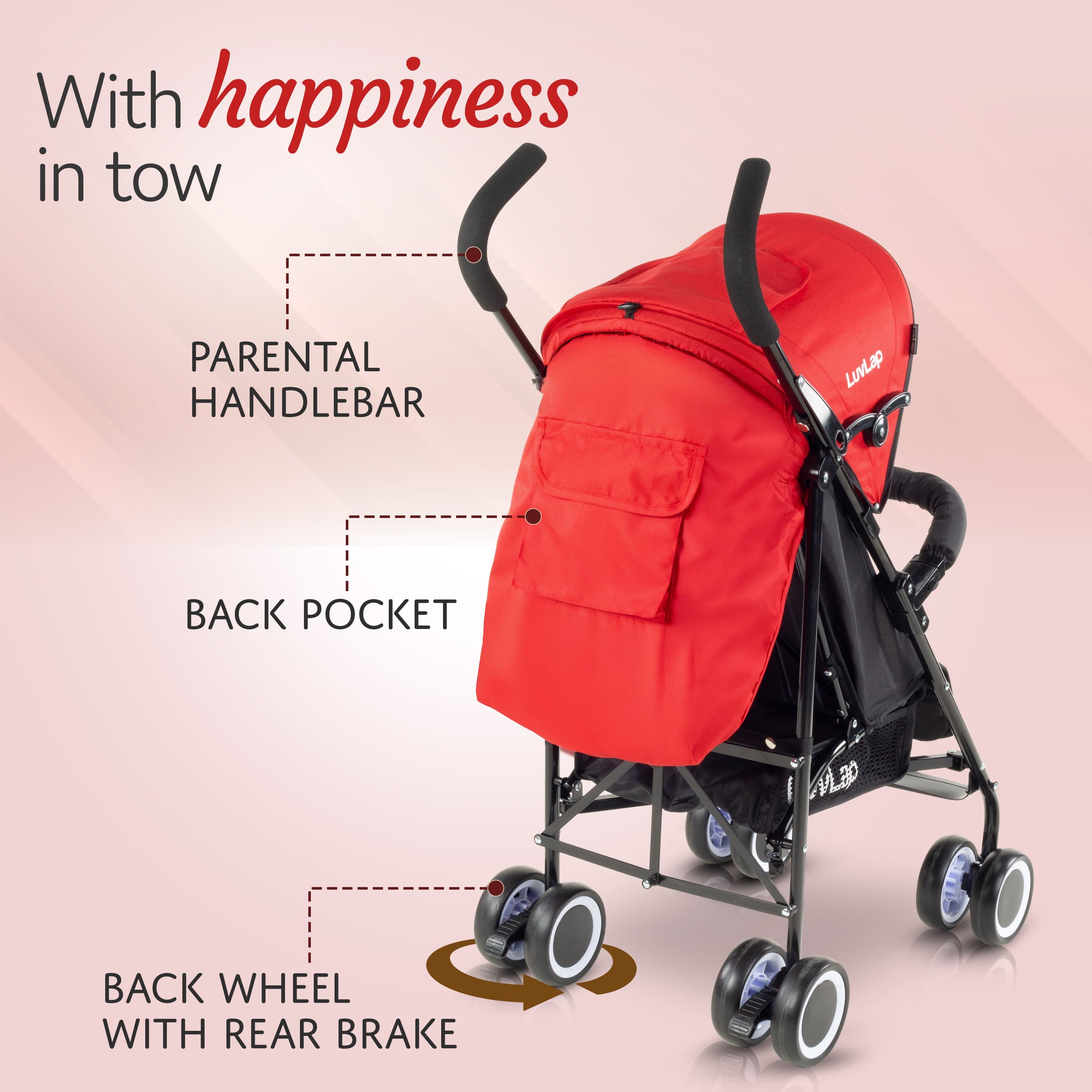 luvlap City Baby Stroller/Buggy, Lightweight, Compact & Travel Friendly pram, for 6-36 Months Baby, 5 Point Safety Harness, Adjustable seat Recline, extendable Canopy, 15Kg Capacity (Red)