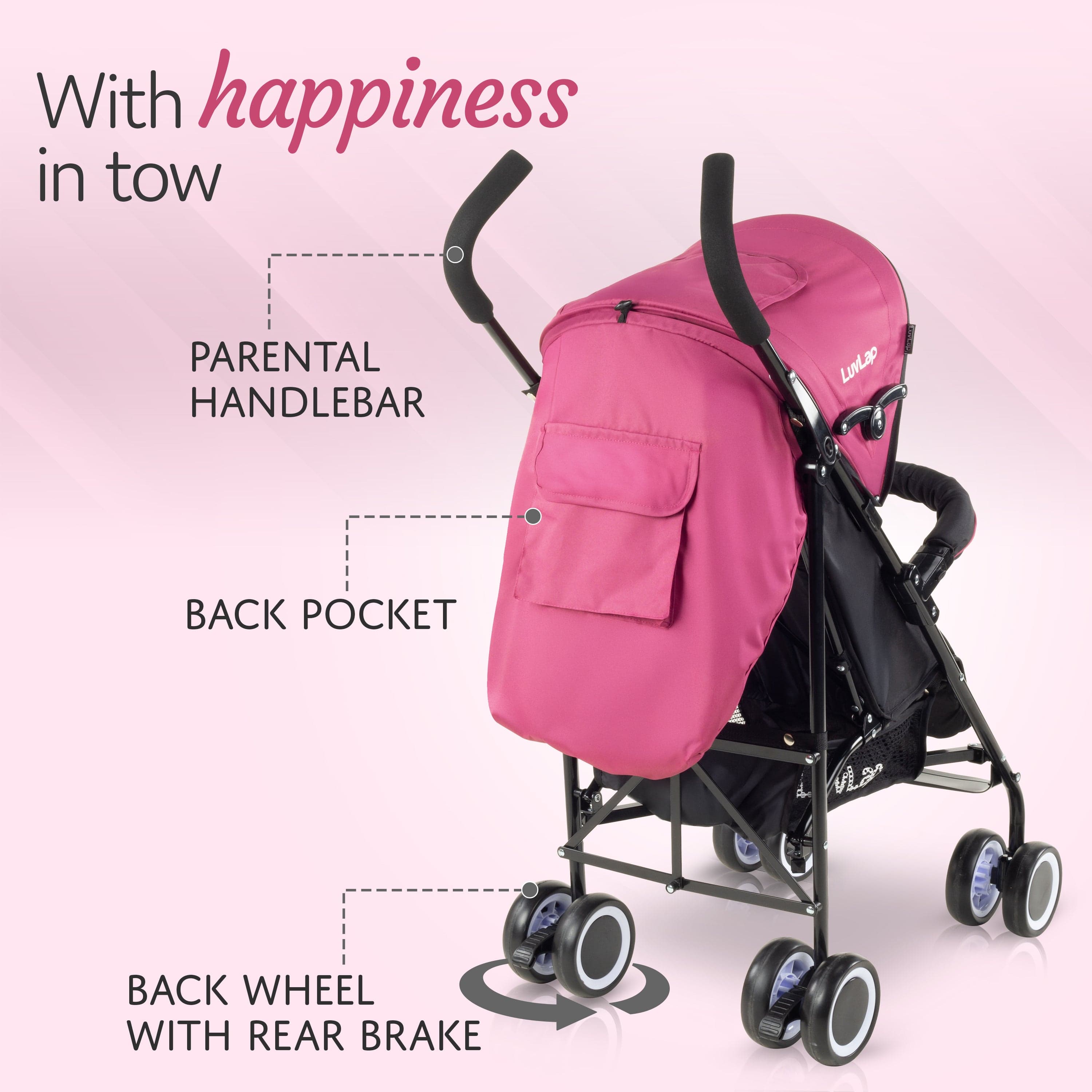 luvlap City Baby Stroller/Buggy, Lightweight, Compact & Travel Friendly Baby pram, for 6-36 Months Baby, 5 Point Safety Harness, Adjustable seat Recline, extendable Canopy, 15Kg Capacity (Pink)