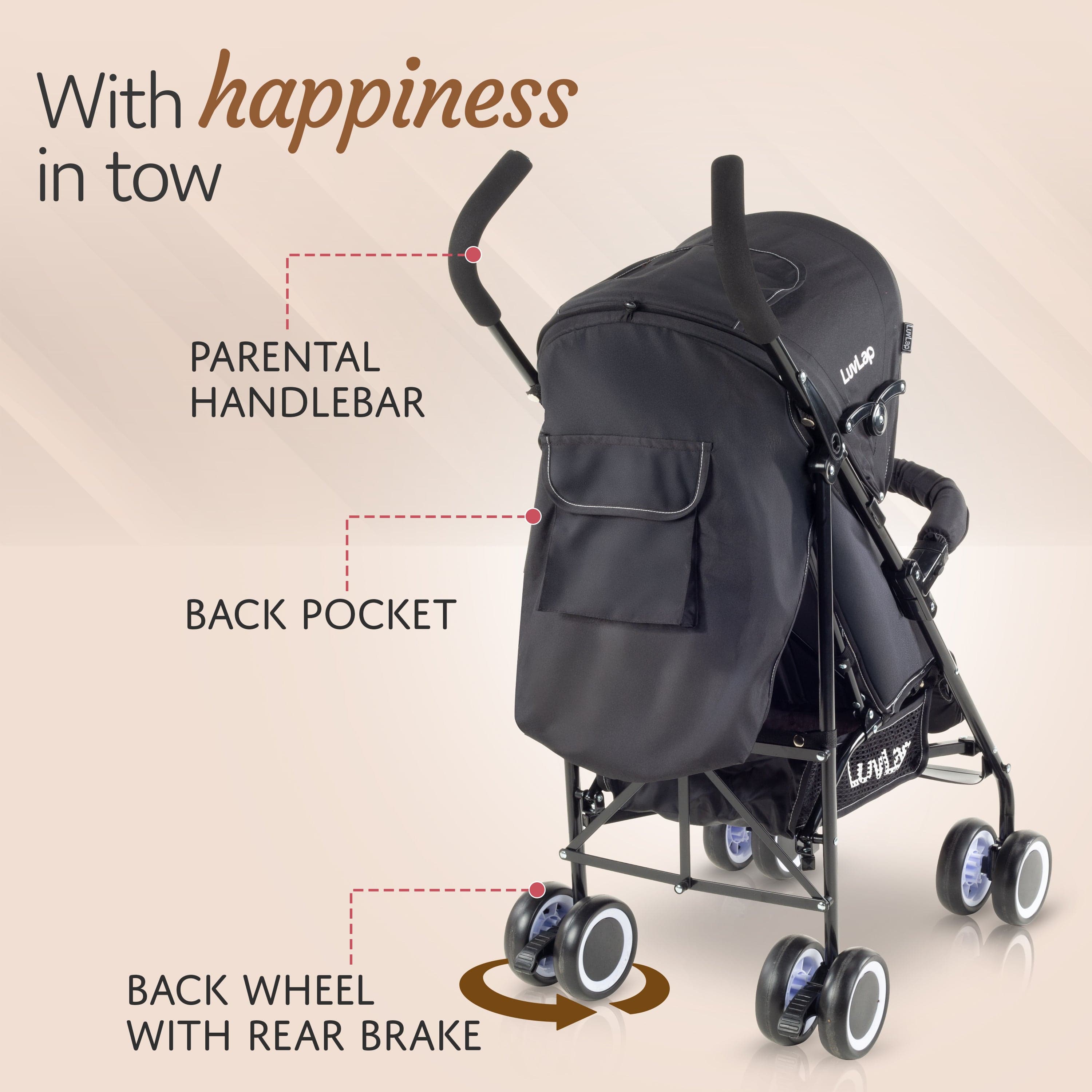 luvlap City Baby Stroller/Buggy, Lightweight, Compact & Travel Friendly Baby pram, for 6-36 Months Baby, 5 Point Safety Harness, Adjustable seat Recline, extendable Canopy, 15Kg Capacity (Black)