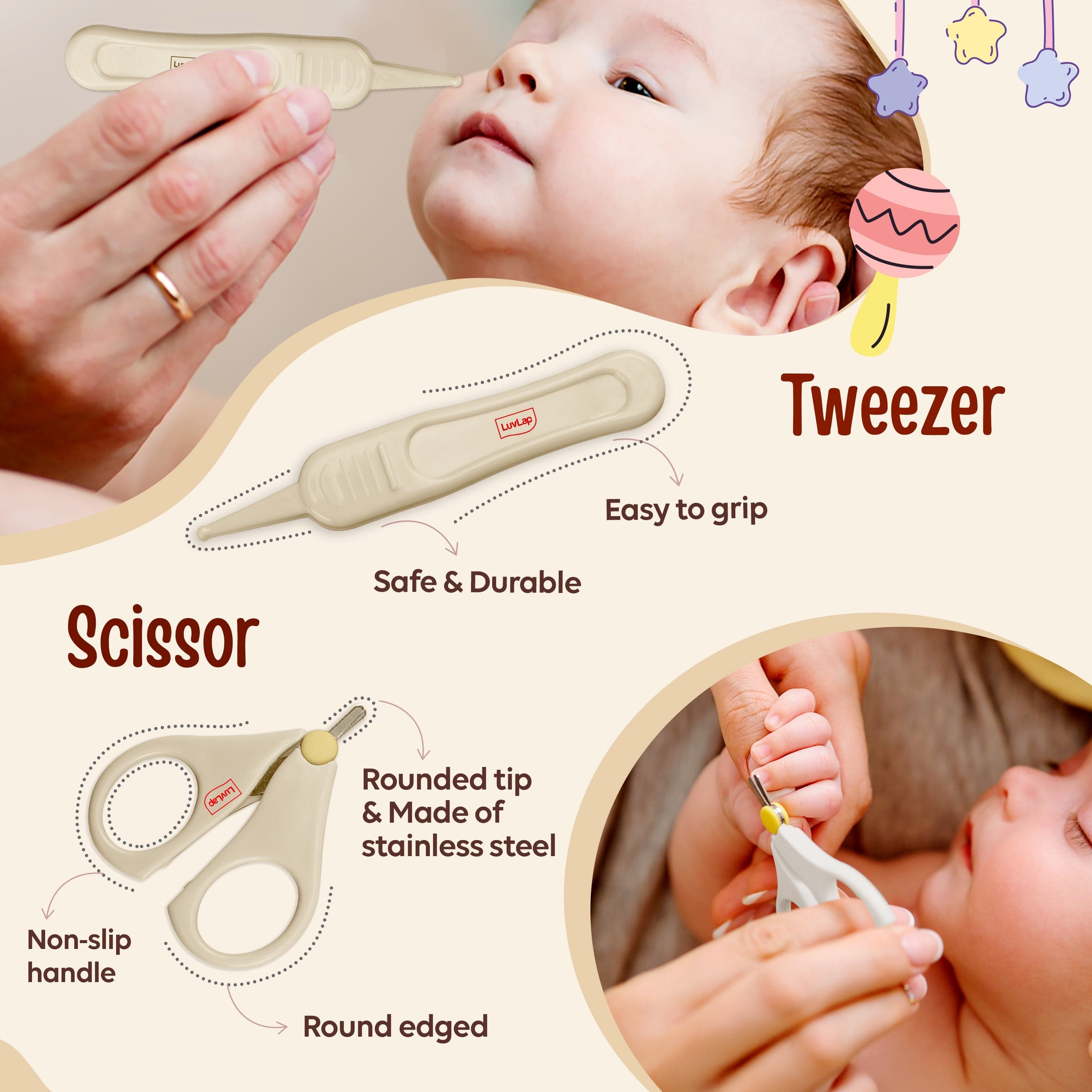 LuvLap Baby Nail & Hair Grooming Set, Contains 4pcs Nail Grooming Kit & Hair Grooming Natural, Baby Comb & Brush Set with Soft bristles, Baby Nail Cutter, New Born Grooming Kit, 0m+