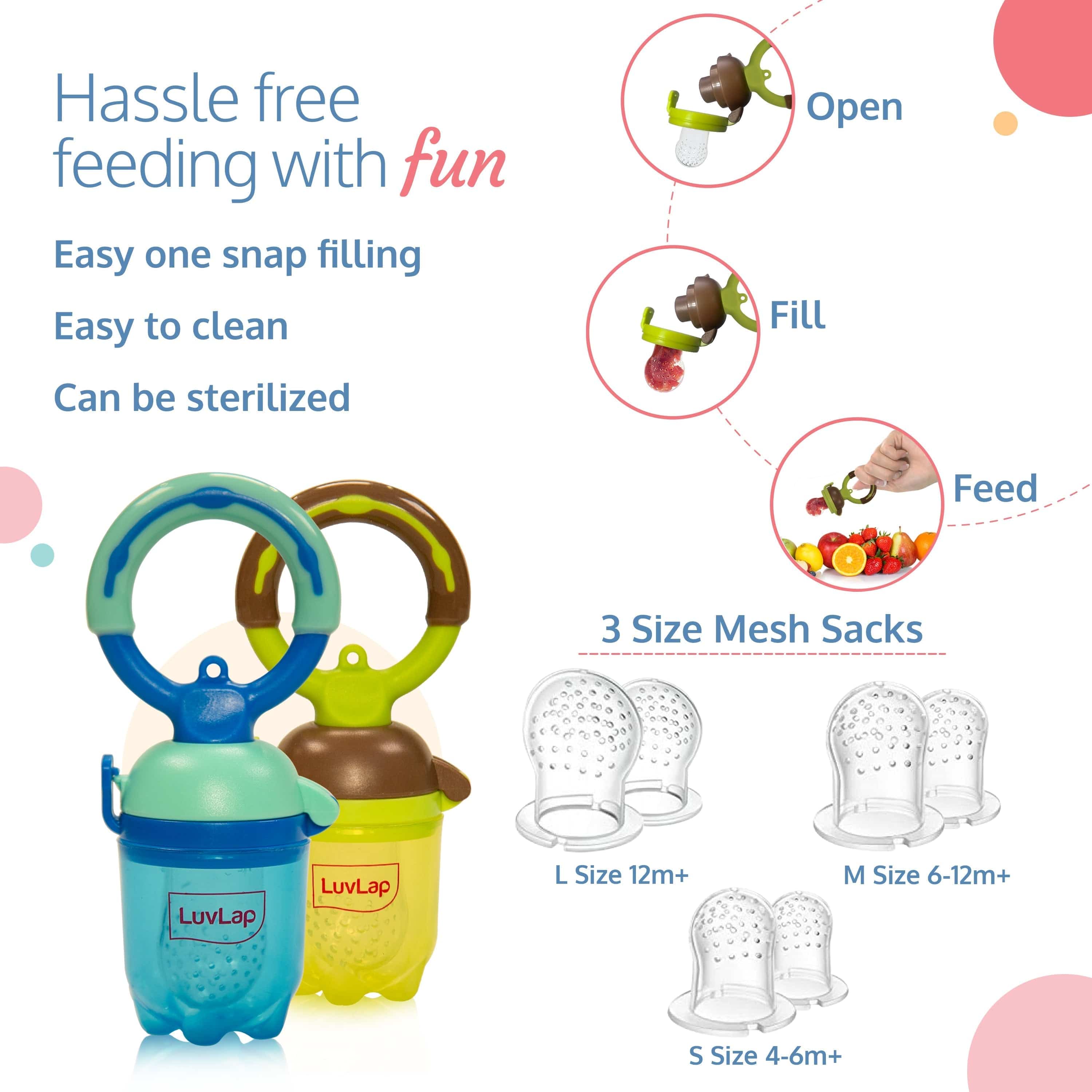 LuvLap Baby Food and Fruit Feeder Twin Pack, BPA Free, Brown and Blue