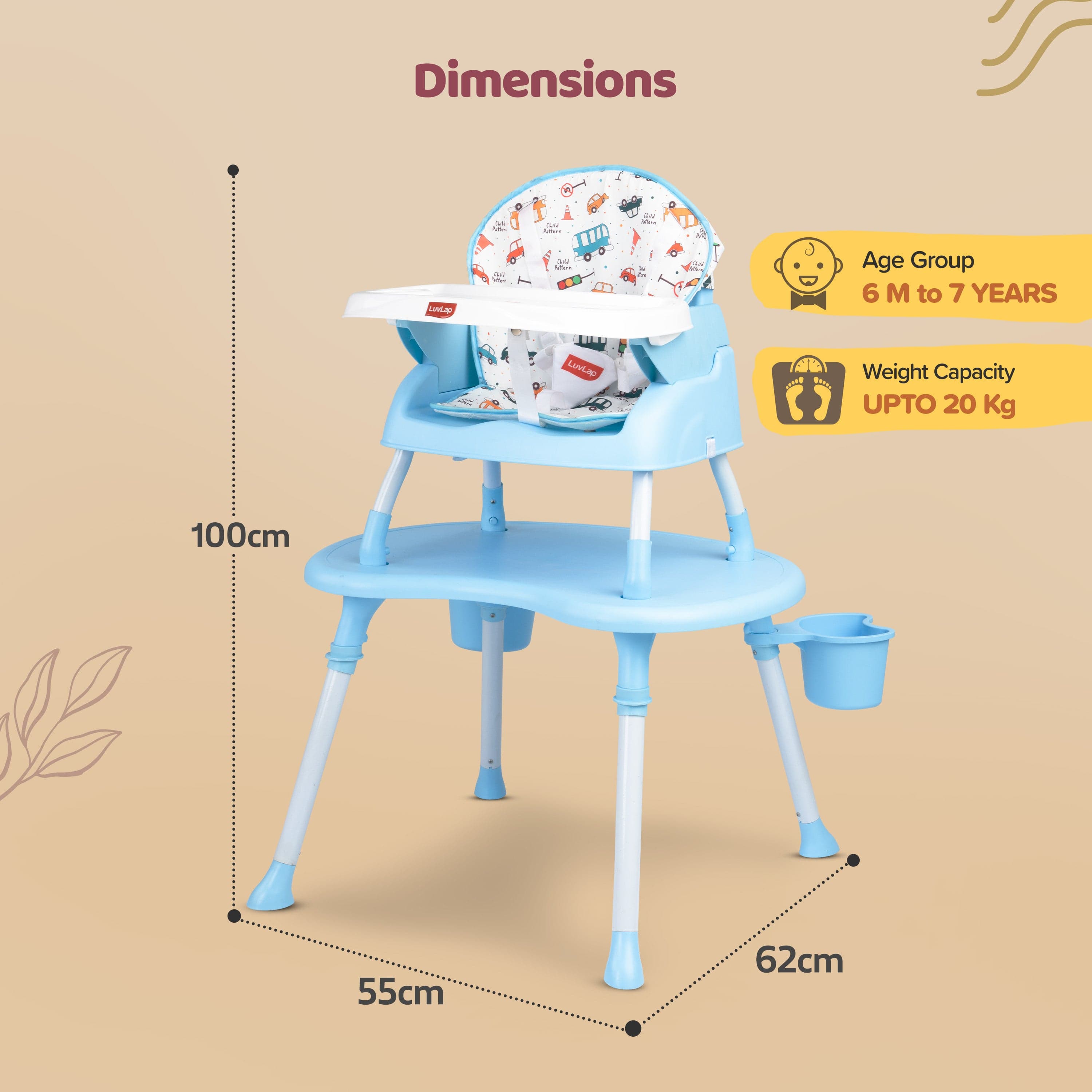 LuvLap 4 in 1 Convertible Baby High Chair with 3 Point Safety Belts, High Chair, Low Chair, Booster Chair and Table for Baby, Removable & Washable Food Tray 6 Months+ (Blue)