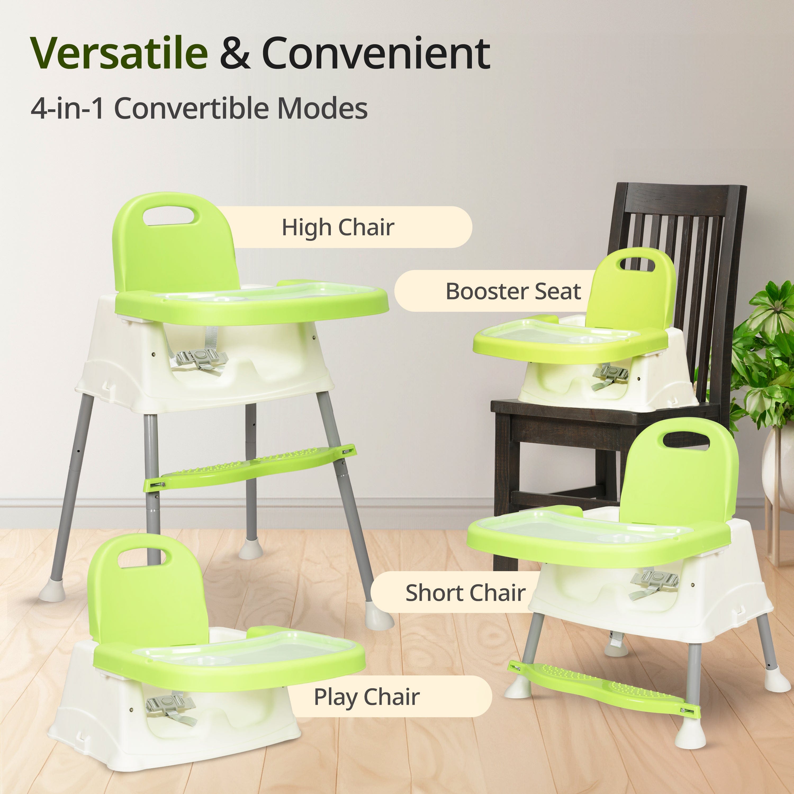 luvlap 4 in 1 Convertible Baby High Chair with footrest, Convertible to High Chair, Low Chair, & Booster Seat, Essential for Baby Feeding (Green)