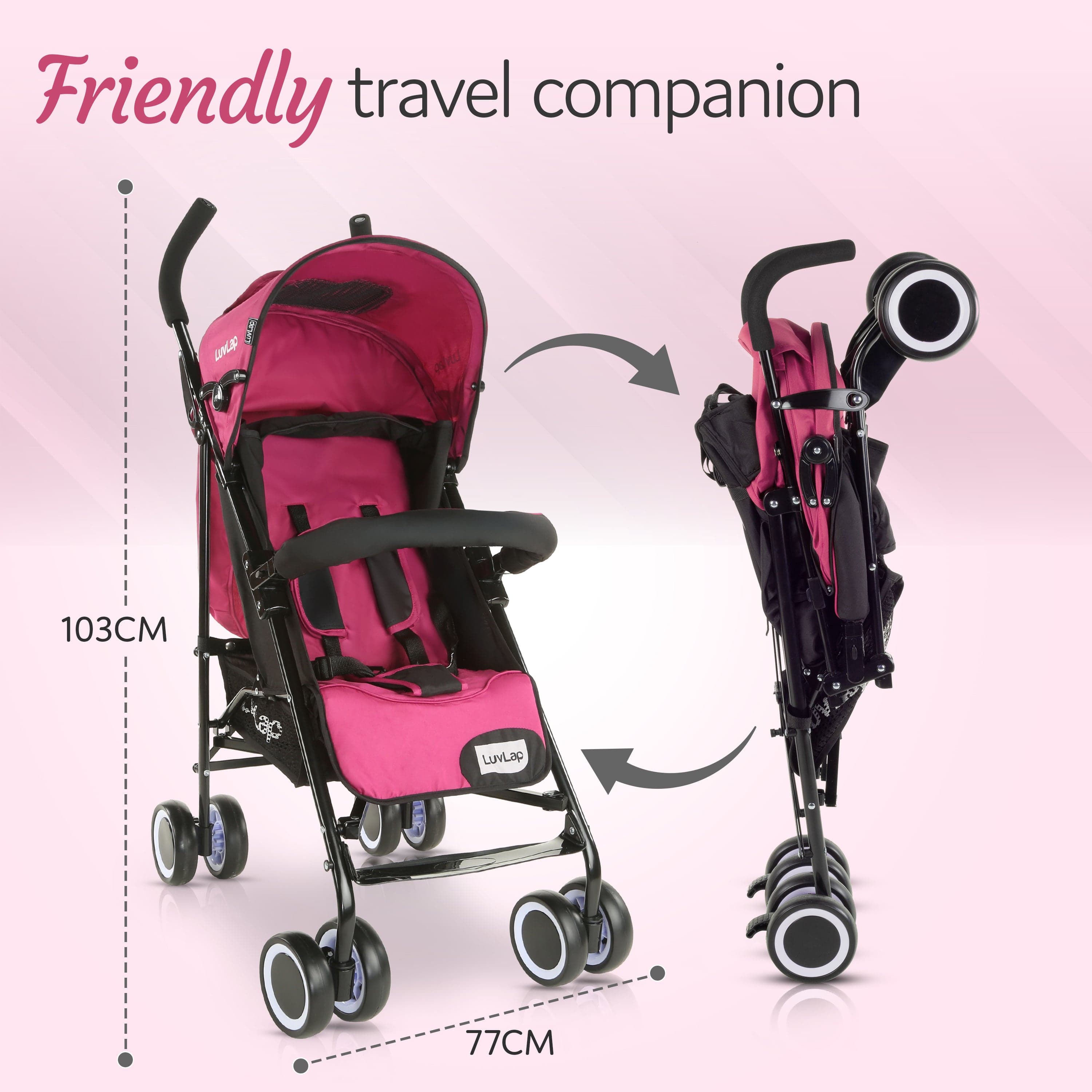 luvlap City Baby Stroller/Buggy, Lightweight, Compact & Travel Friendly Baby pram, for 6-36 Months Baby, 5 Point Safety Harness, Adjustable seat Recline, extendable Canopy, 15Kg Capacity (Pink)