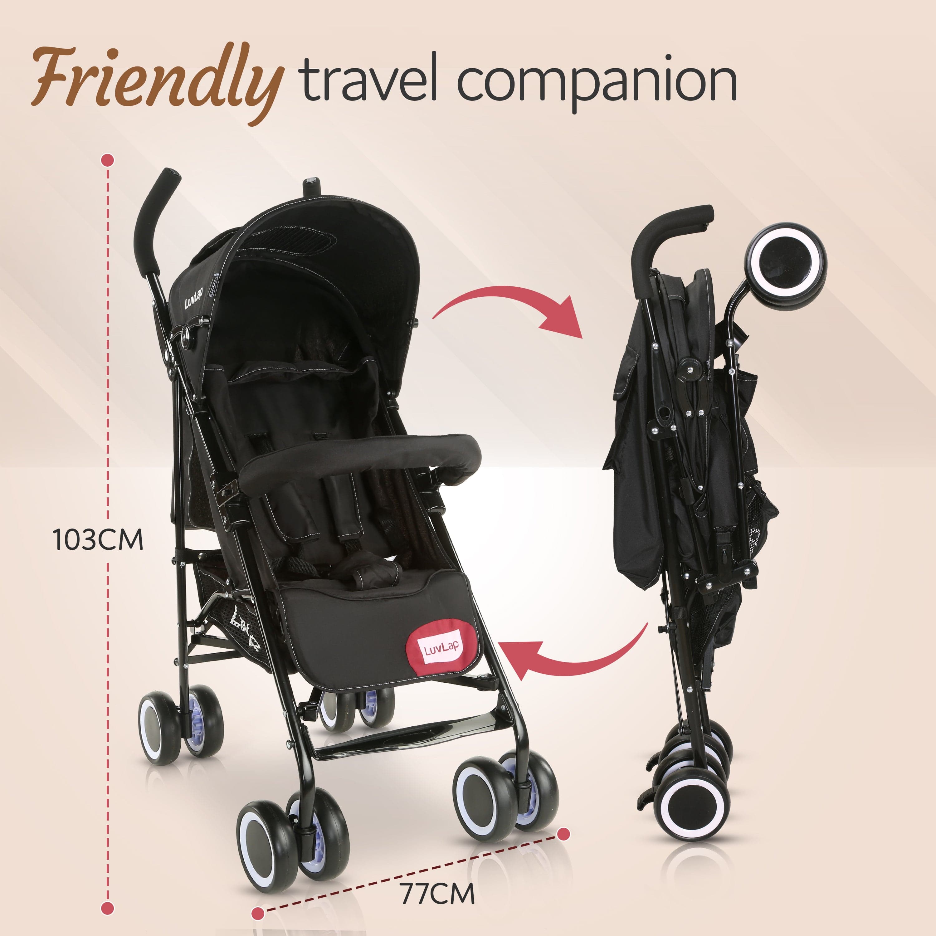 luvlap City Baby Stroller/Buggy, Lightweight, Compact & Travel Friendly Baby pram, for 6-36 Months Baby, 5 Point Safety Harness, Adjustable seat Recline, extendable Canopy, 15Kg Capacity (Black)