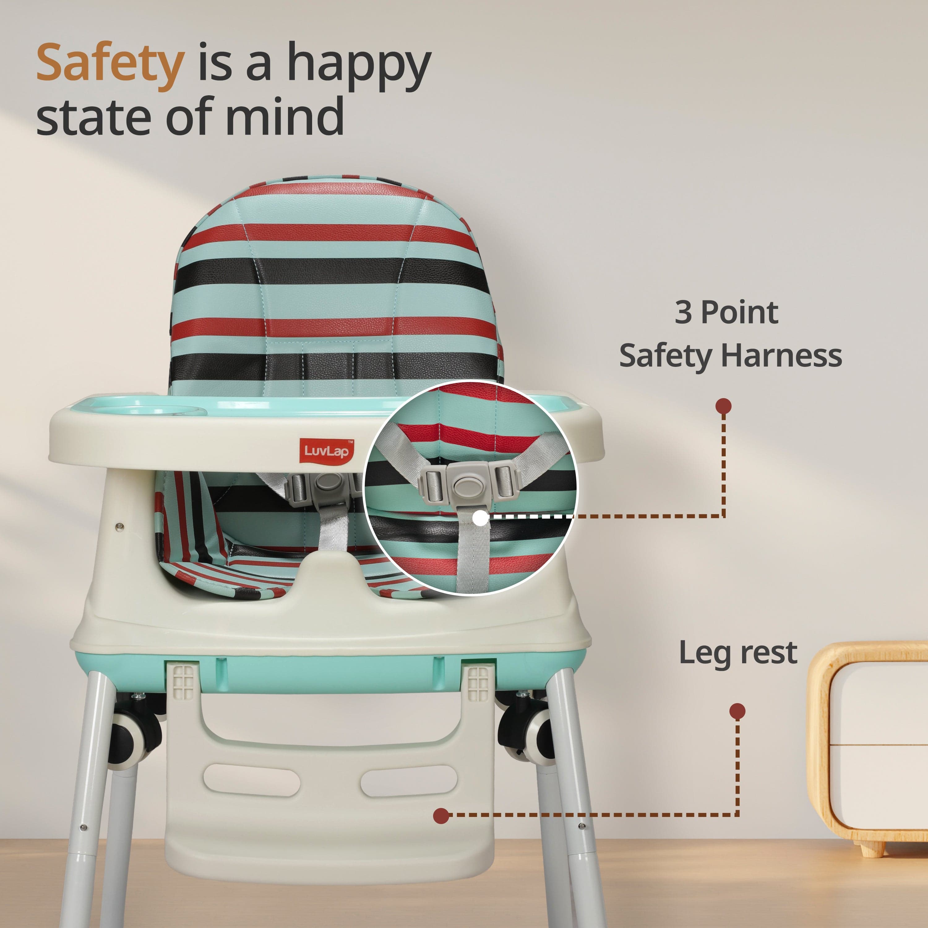 luvlap 4In1 High Chair For Baby/Kids, Toddler Feeding Booster Seat With Wheels, 3 Height Adjustments, With Cushion, 6 Month To 3 Years, Portable (Blue)