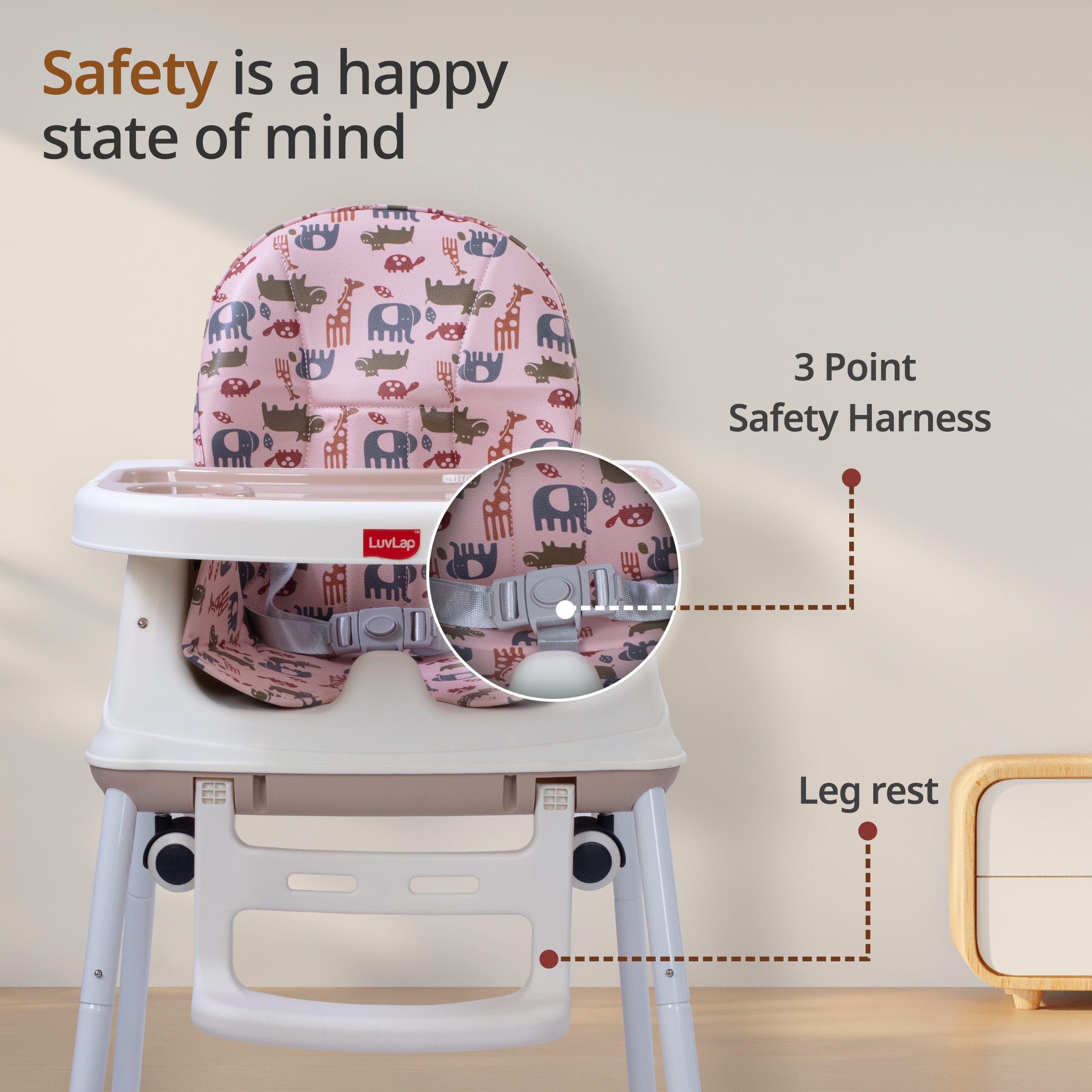 LuvLap High Chair for Baby/Kids, Toddler Feeding Booster Seat with Wheels, 3 Height adjustments, With Cushion, 6 month to 3 years, Portable (Pink)