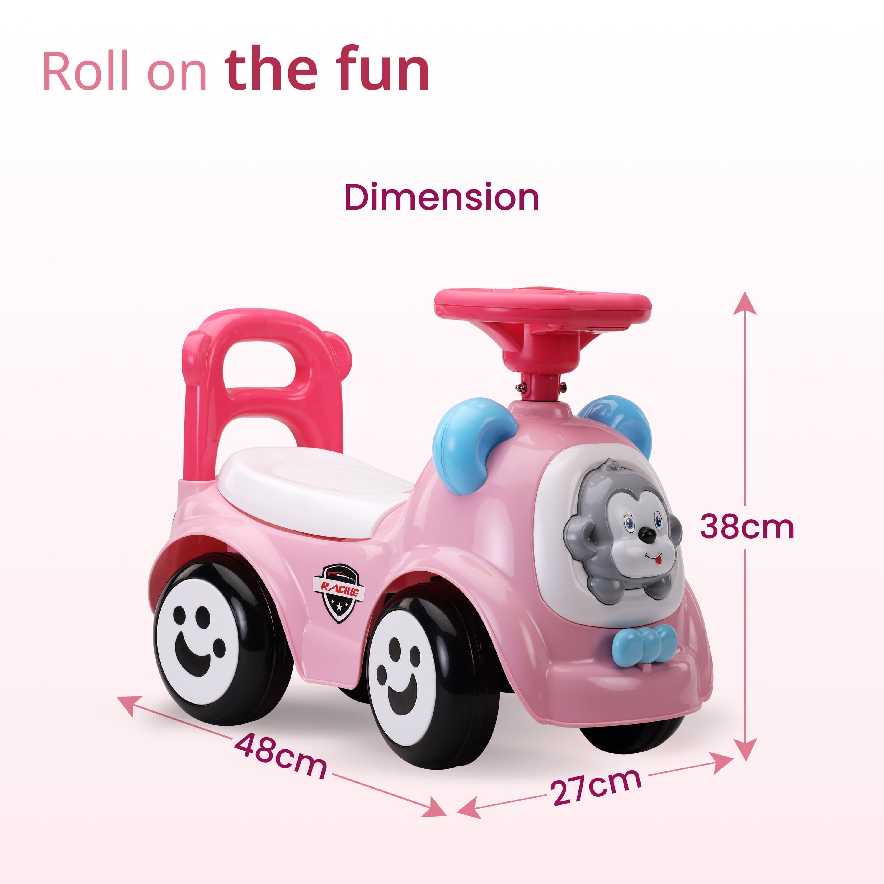 LuvLap Sunny Ride on & Car for Kids with Music & Horn Steering, Push Car for Baby with Backrest, Safety Guard, Under Seat Storage & Big Wheels, Ride on for Kids 1 to 3 Years Upto 25 Kgs (Pink)