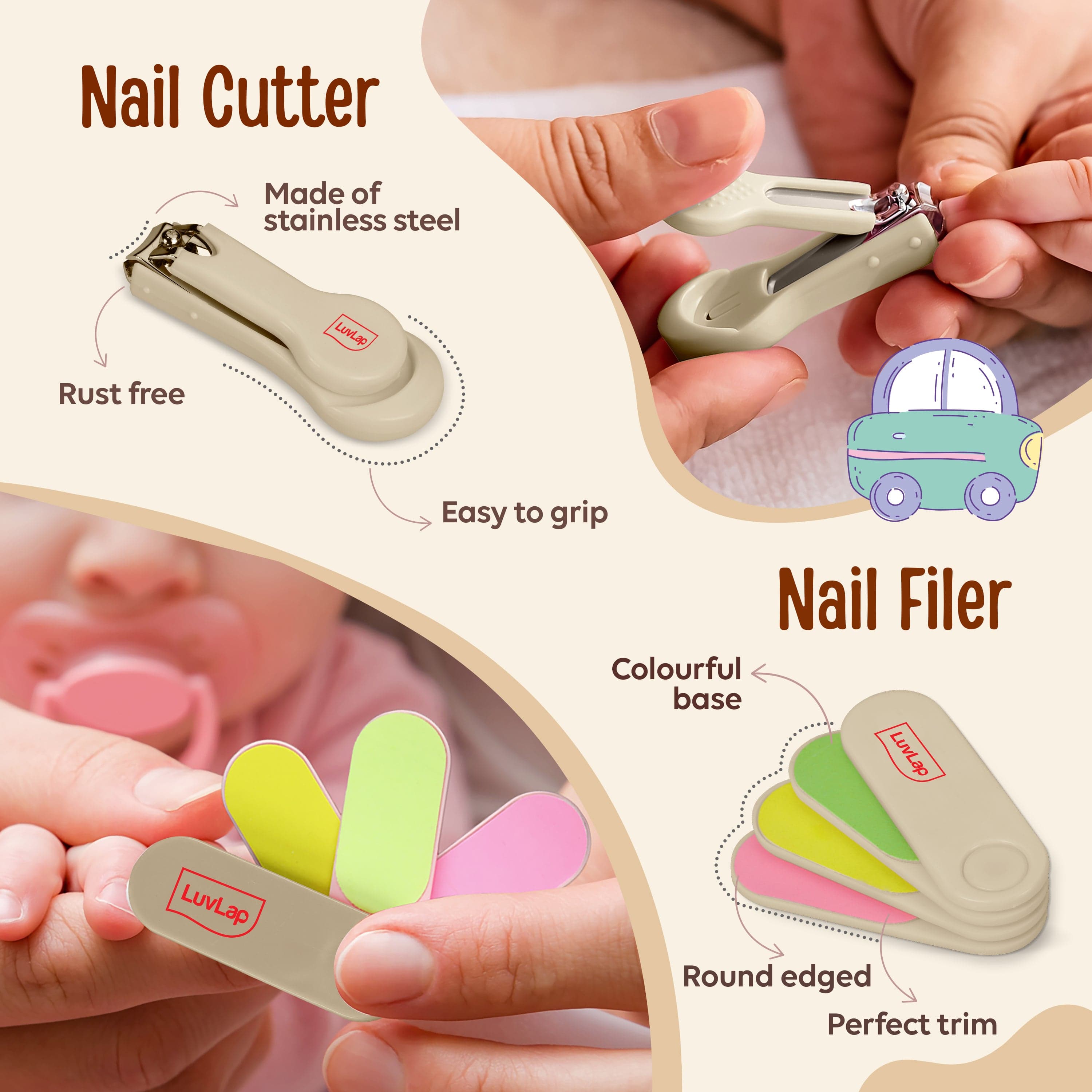 LuvLap Baby Nail & Hair Grooming Set, Contains 4pcs Nail Grooming Kit & Hair Grooming Natural, Baby Comb & Brush Set with Soft bristles, Baby Nail Cutter, New Born Grooming Kit, 0m+