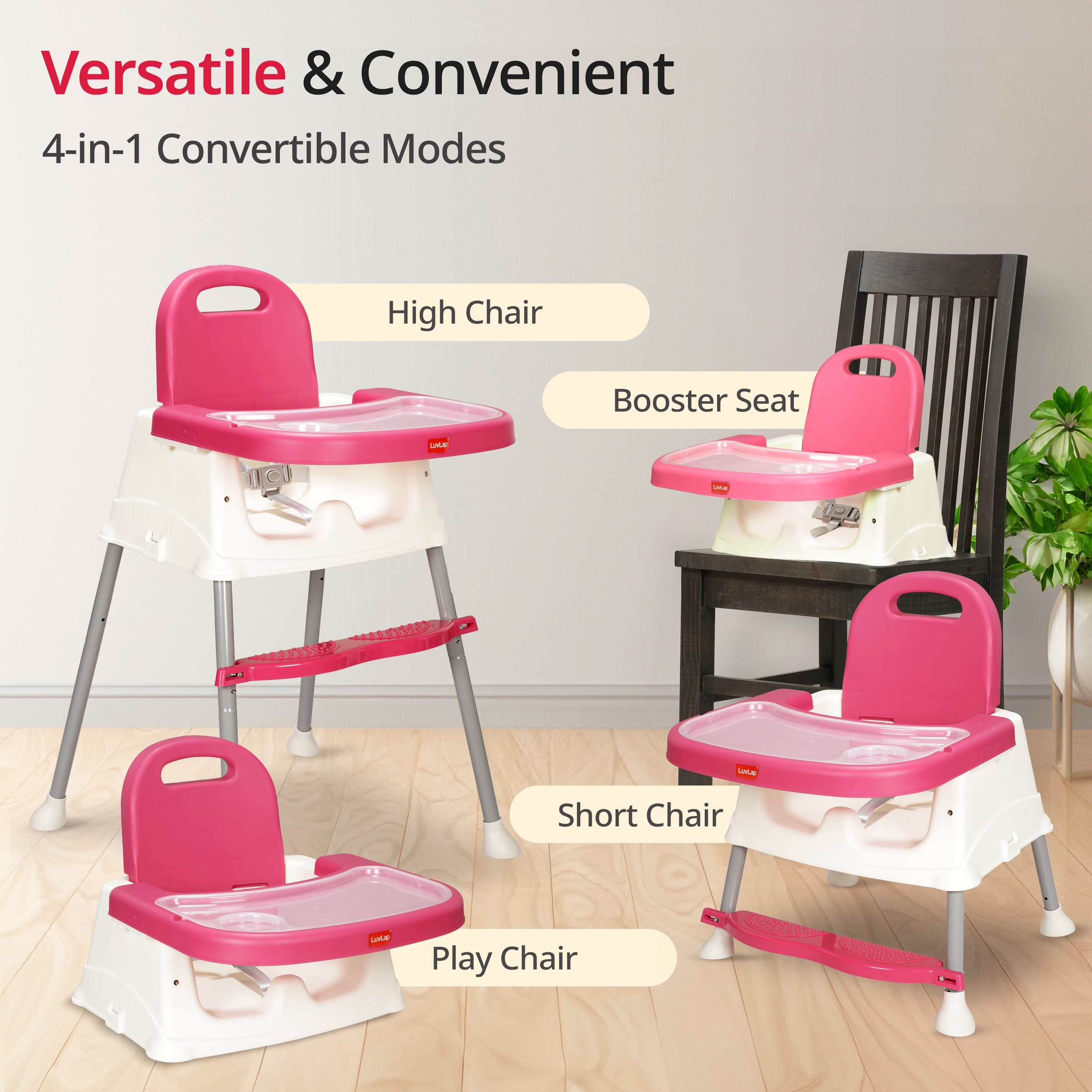 luvlap 4 in 1 Convertible Baby High Chair with footrest, Convertible to High Chair, Low Chair, & Booster Seat, Essential for Baby Feeding (Pink)