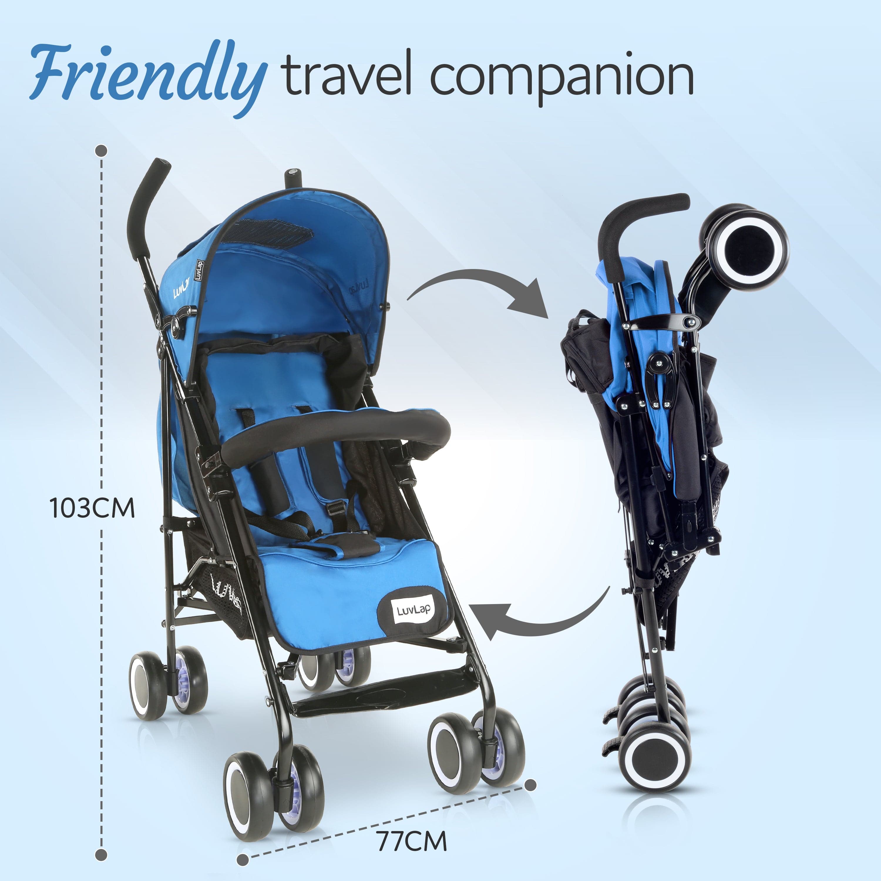 luvlap City Baby Stroller/Buggy, Lightweight, Compact & Travel Friendly Baby pram, for 6-36 Months Baby, 5 Point Safety Harness, Adjustable seat Recline, extendable Canopy, 15Kg Capacity (Blue)