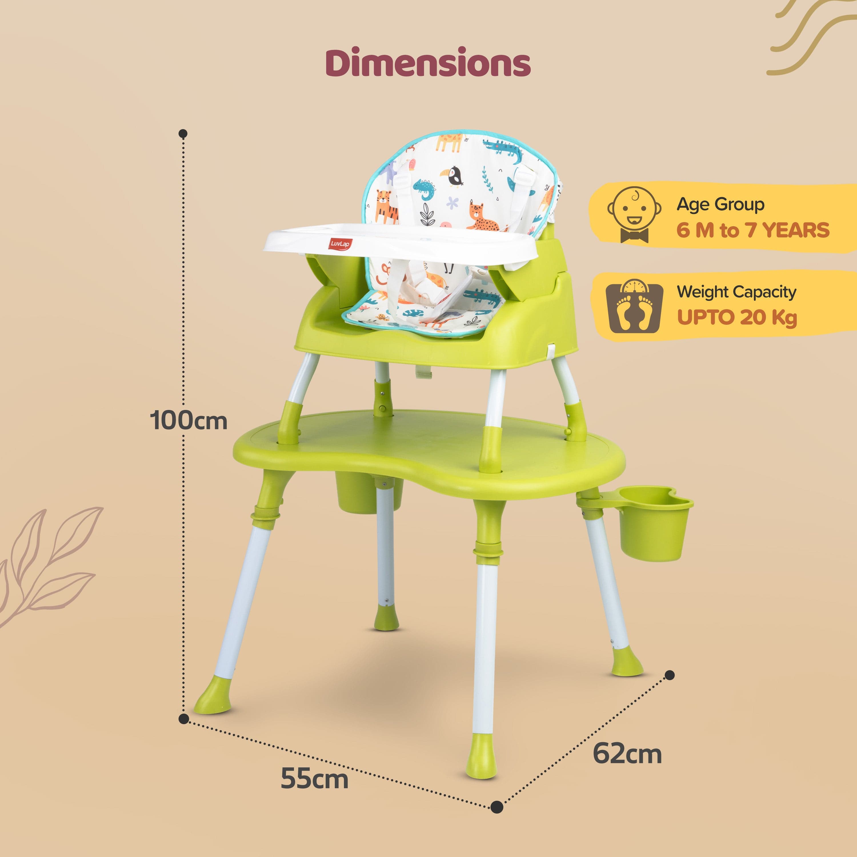 luvlap 4 in 1 Convertible Baby High Chair with Printed Cushion, 3 Point Safety Belts, High Chair, Low Chair, Booster Chair and Table for Baby, Removable & Washable Food Tray 6 Months+, Green