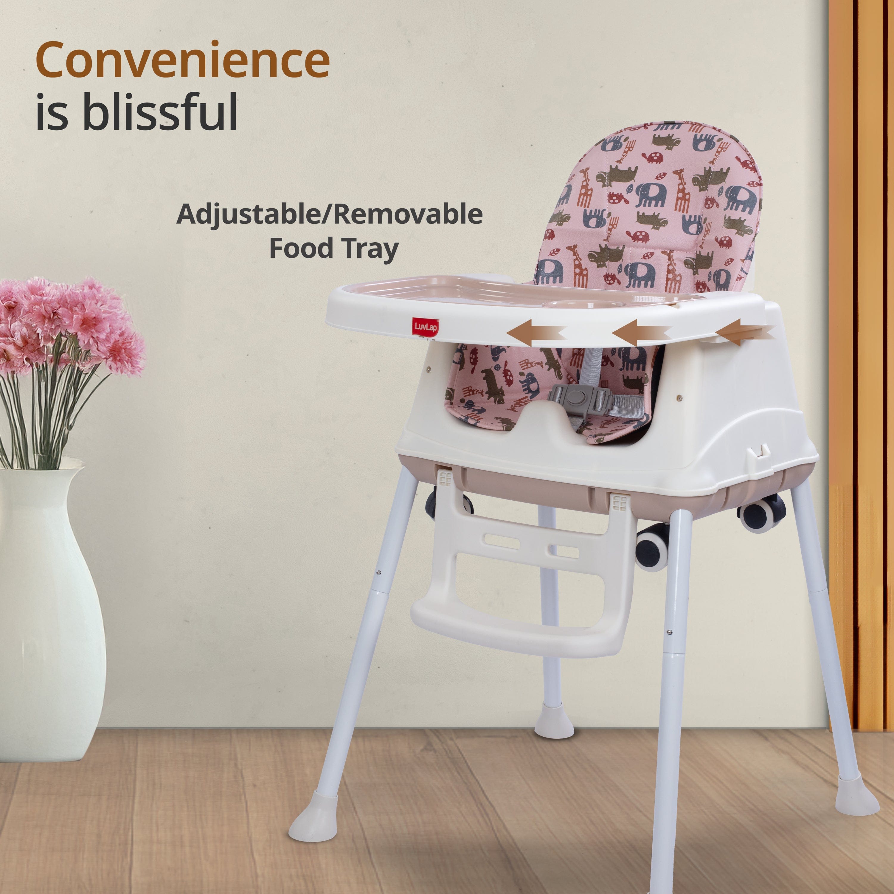 LuvLap High Chair for Baby/Kids, Toddler Feeding Booster Seat with Wheels, 3 Height adjustments, With Cushion, 6 month to 3 years, Portable (Pink)