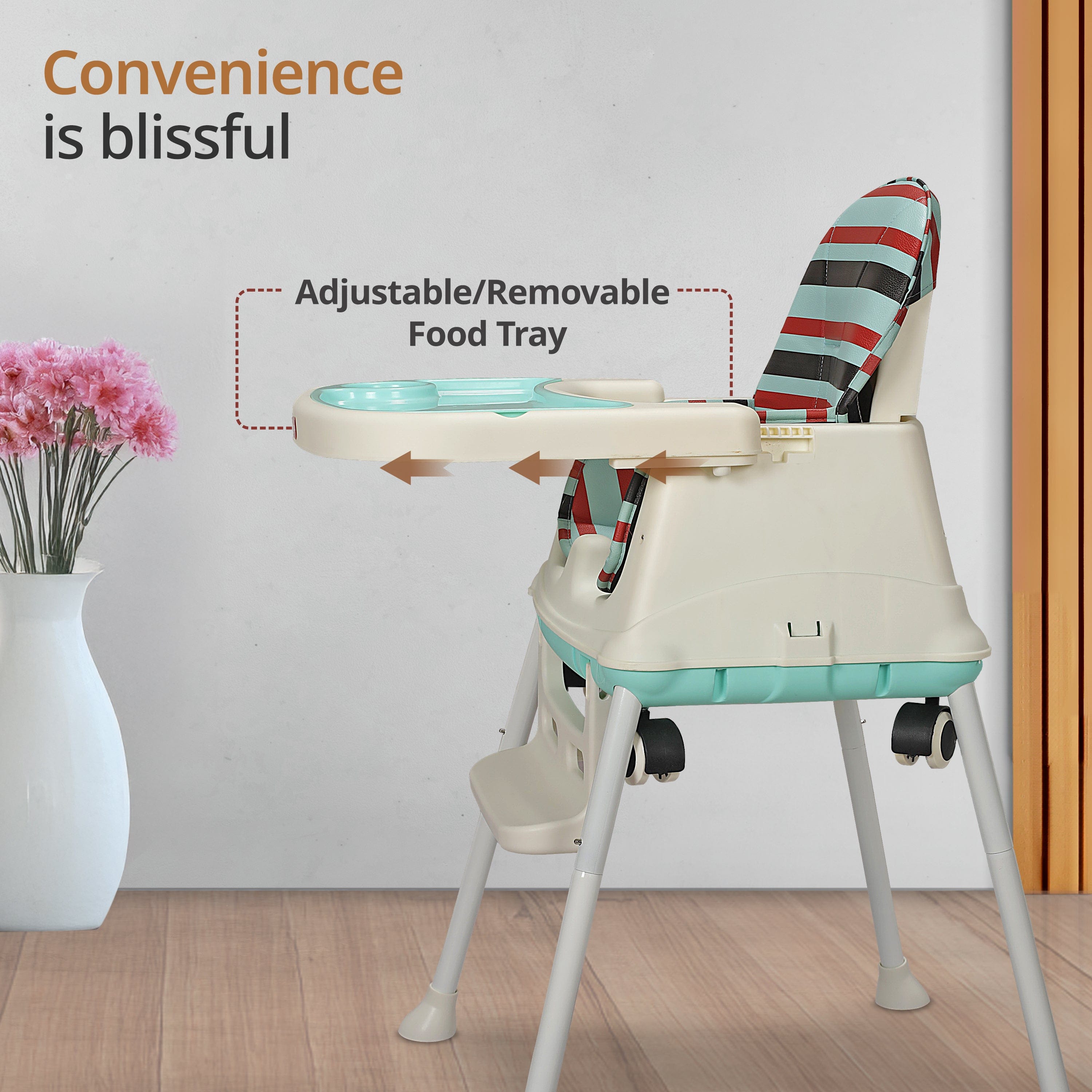 luvlap 4In1 High Chair For Baby/Kids, Toddler Feeding Booster Seat With Wheels, 3 Height Adjustments, With Cushion, 6 Month To 3 Years, Portable (Blue)