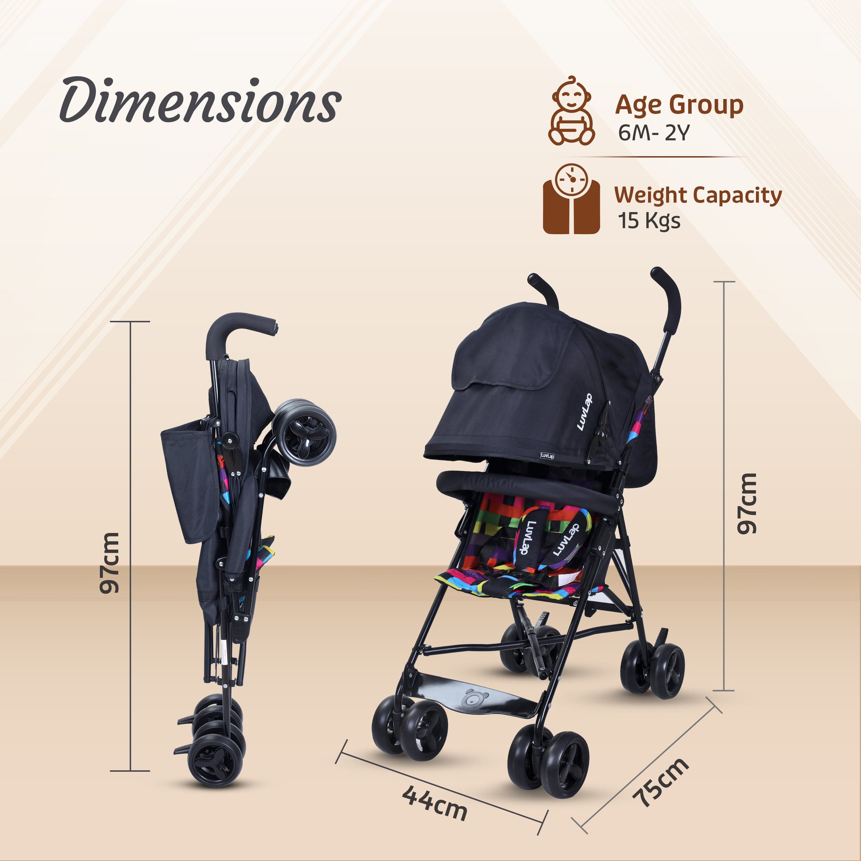luvlap Tutti Frutti Baby Stroller Buggy, Black