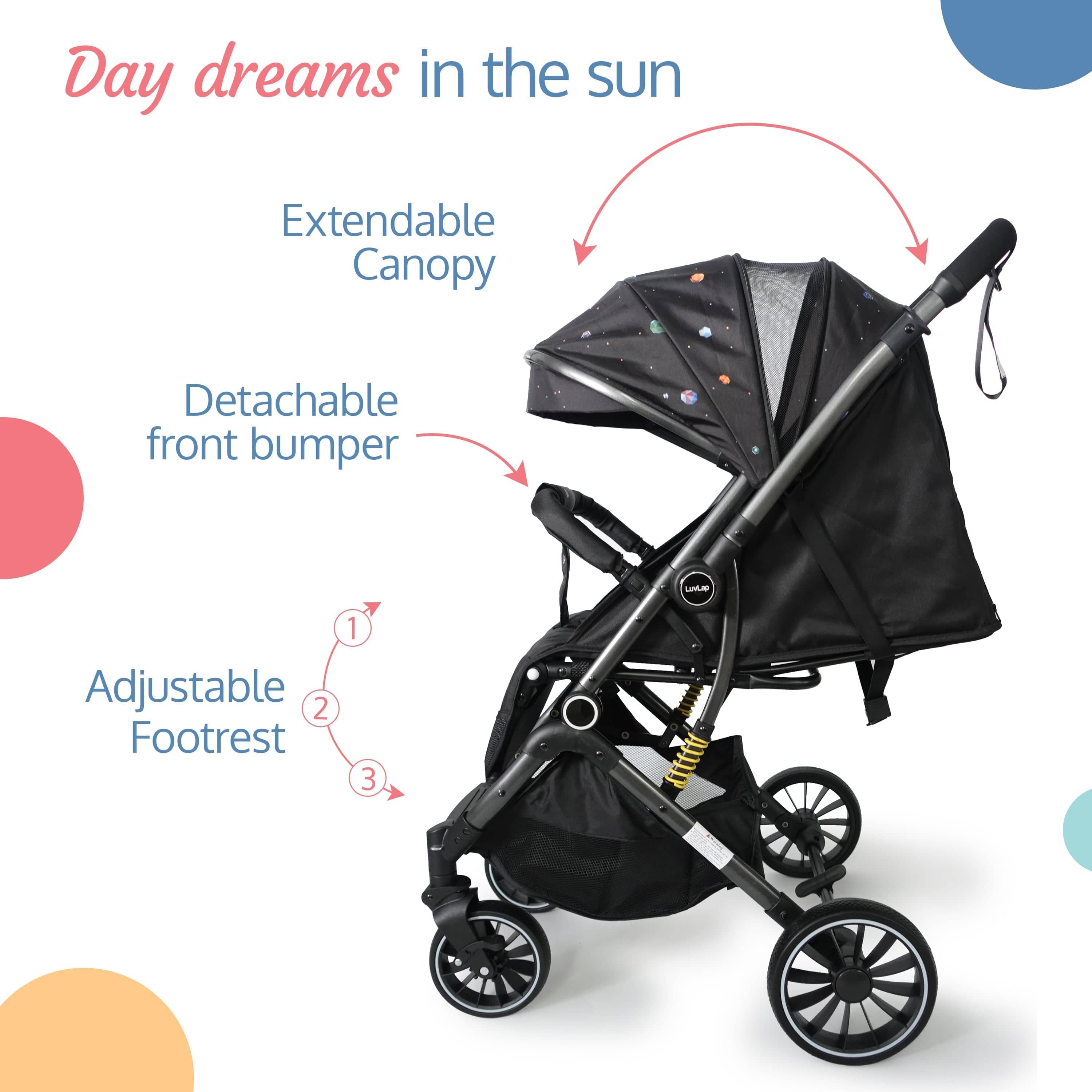 luvlap Alpha Baby Stroller/Pram, One Fold, Travel Friendly, 5 Point Safety Harness, Reversible Handle bar, Multilevel Recline & Adjustable luvlap footrest, Extendable Canopy, for Babies 0-3 Years (Black)