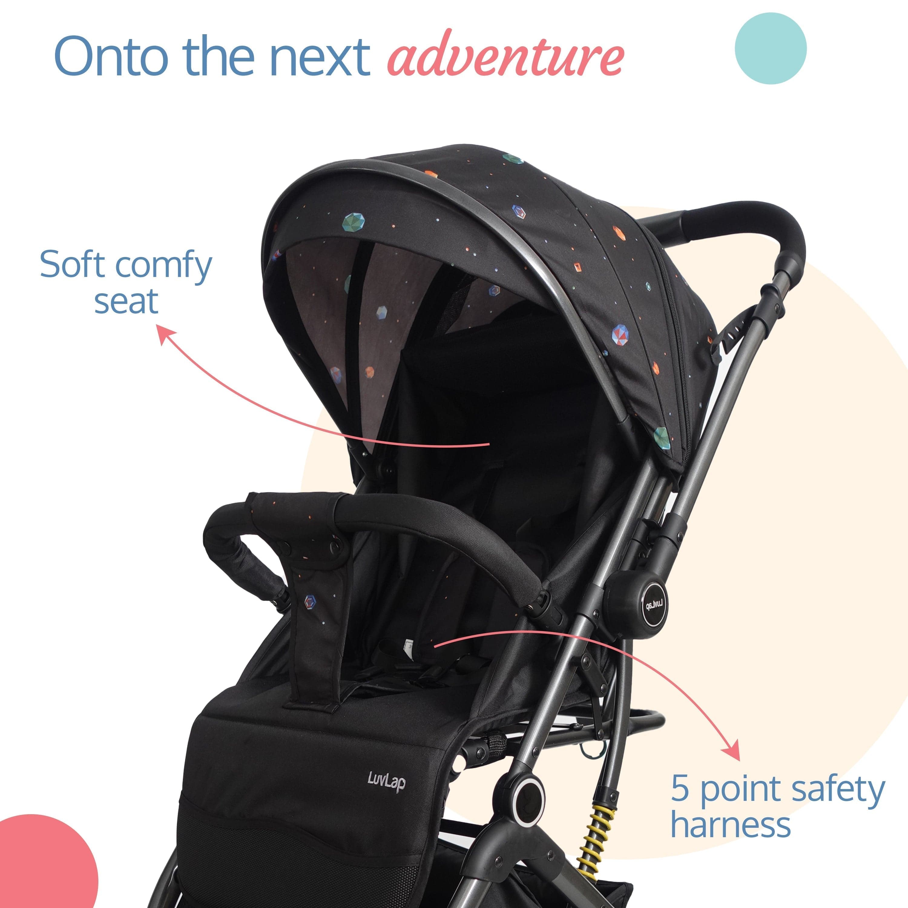 luvlap Alpha Baby Stroller/Pram, One Fold, Travel Friendly, 5 Point Safety Harness, Reversible Handle bar, Multilevel Recline & Adjustable luvlap footrest, Extendable Canopy, for Babies 0-3 Years (Black)