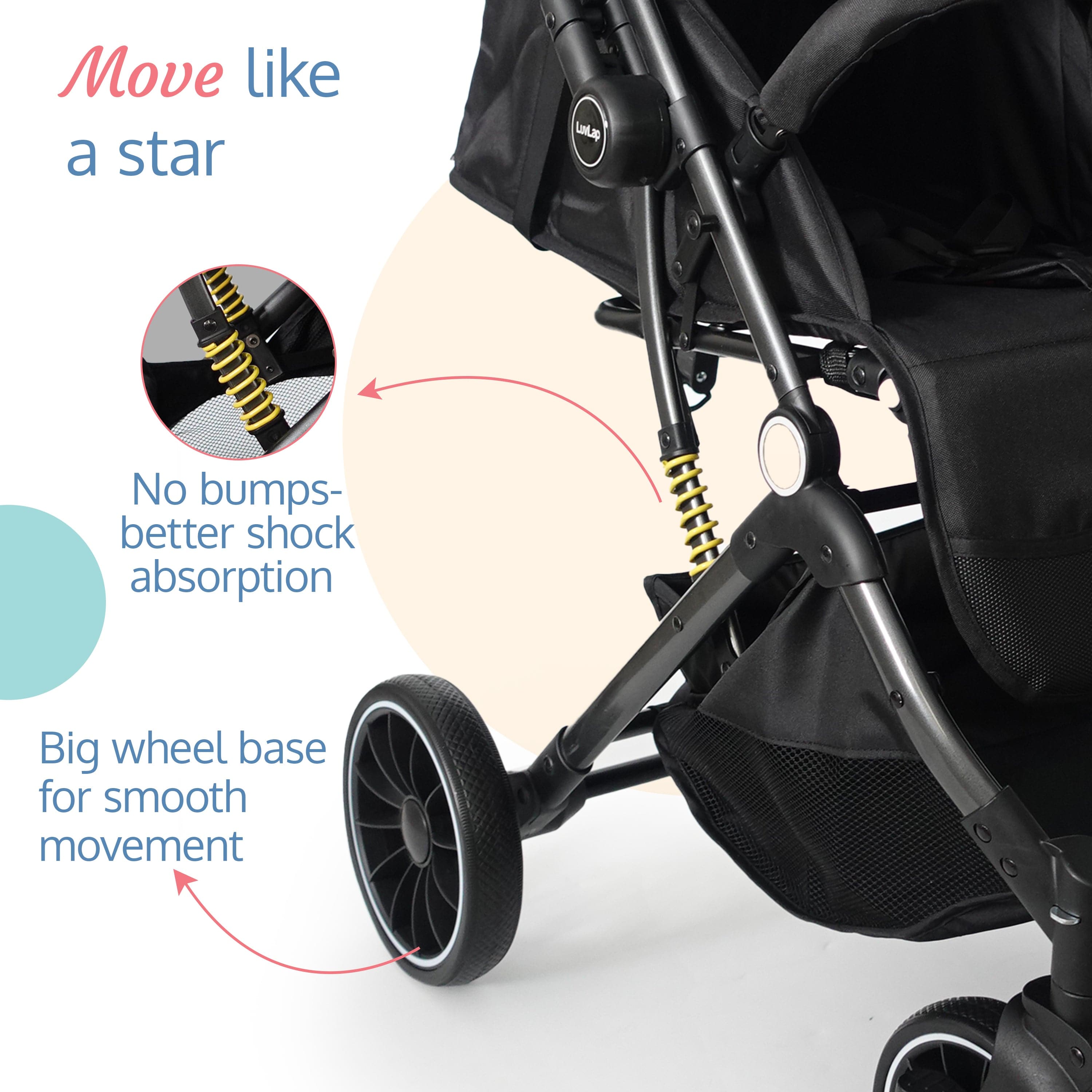 luvlap Alpha Baby Stroller/Pram, One Fold, Travel Friendly, 5 Point Safety Harness, Reversible Handle bar, Multilevel Recline & Adjustable luvlap footrest, Extendable Canopy, for Babies 0-3 Years (Black)