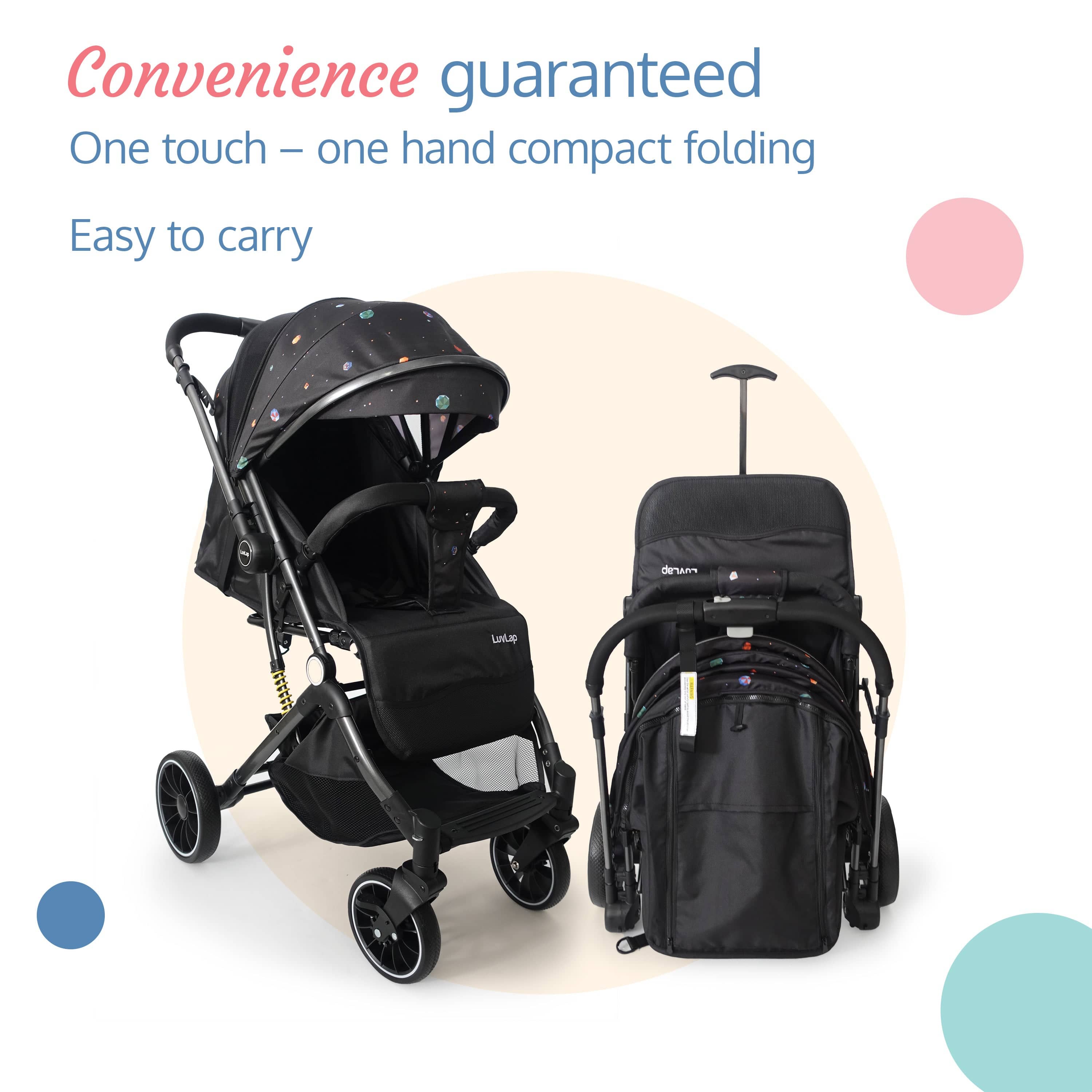 luvlap Alpha Baby Stroller/Pram, One Fold, Travel Friendly, 5 Point Safety Harness, Reversible Handle bar, Multilevel Recline & Adjustable luvlap footrest, Extendable Canopy, for Babies 0-3 Years (Black)