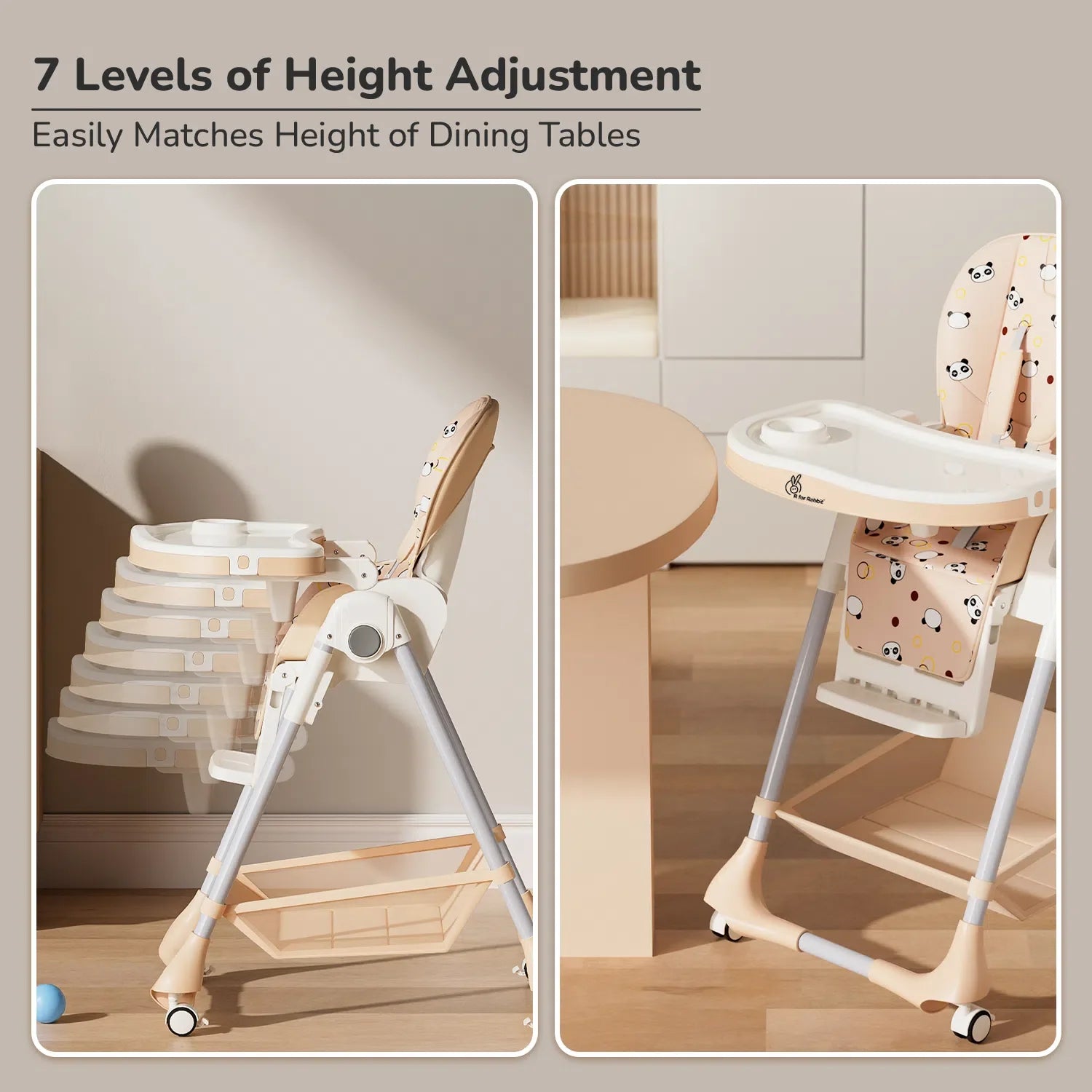 R for Rabbit Marshmallow High Chair - 7 Level Height Adjustment, 3 Recline Modes, Adjustable & Removable Double Meal Tray, 6 months-5 years