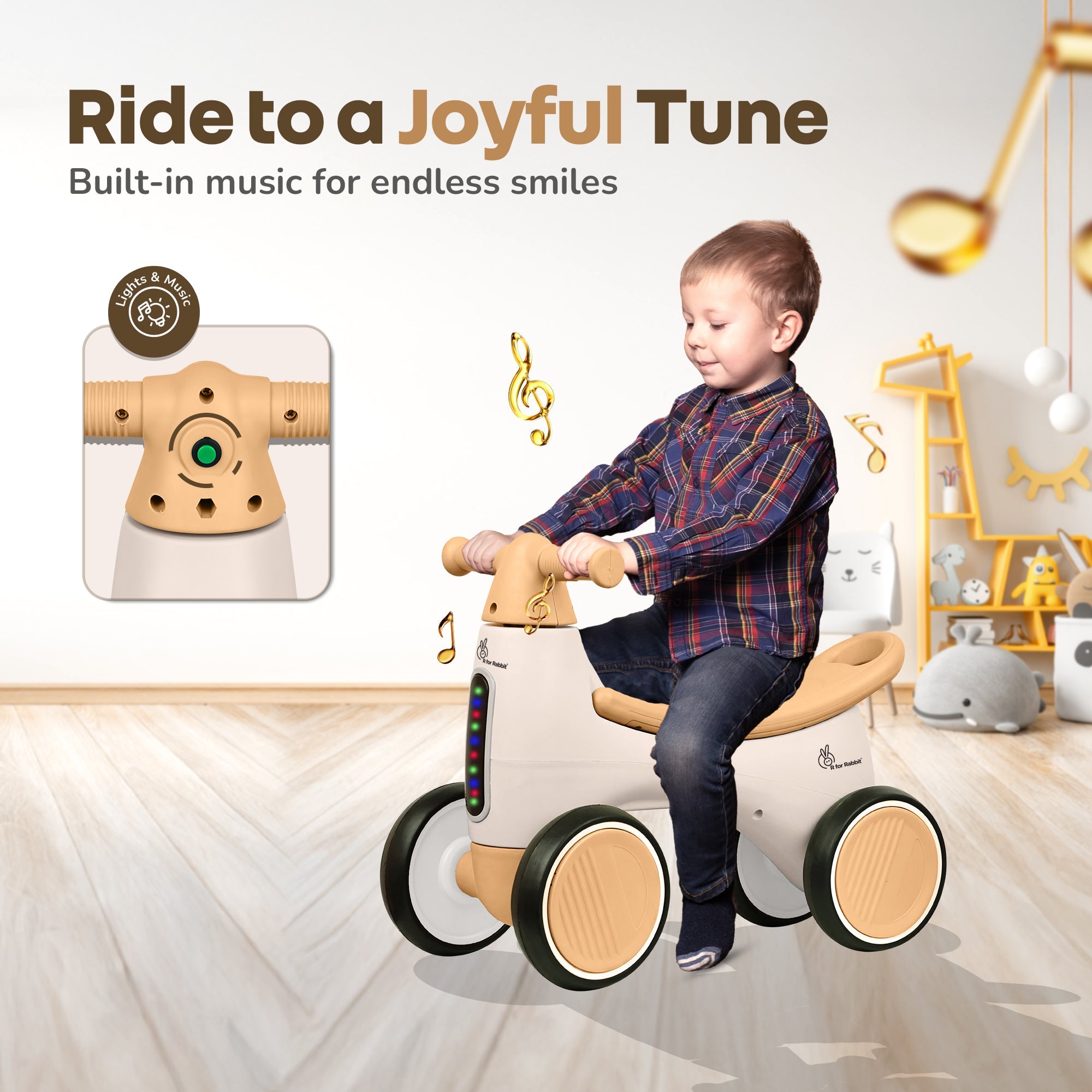 R for Rabbit Speedster Glider Baby Ride On Car – Fun Push Ride with Music, LED Lights, Toy Storage & EVA Wheels