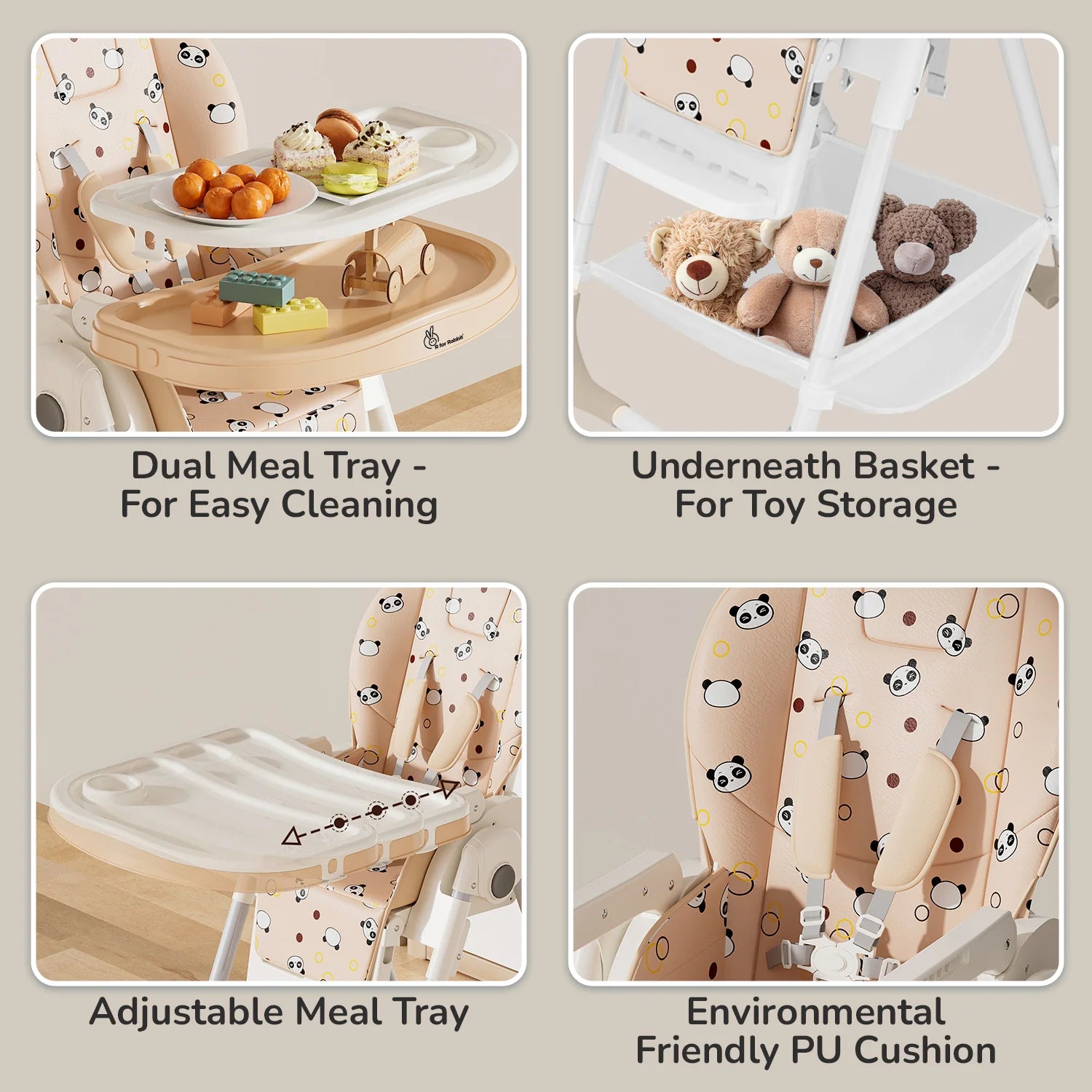 R for Rabbit Marshmallow High Chair - 7 Level Height Adjustment, 3 Recline Modes, Adjustable & Removable Double Meal Tray, 6 months-5 years