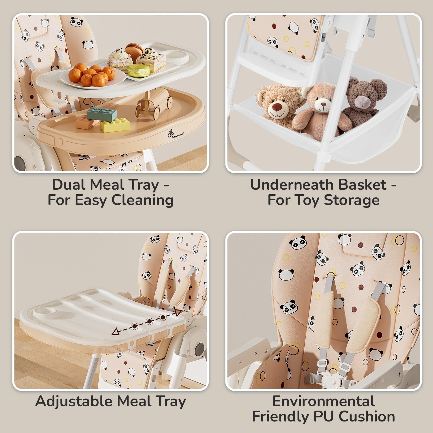 R for Rabbit Marshmallow High Chair - 7 Level Height Adjustment, 3 Recline Modes, Adjustable & Removable Double Meal Tray, 6 months-5 years