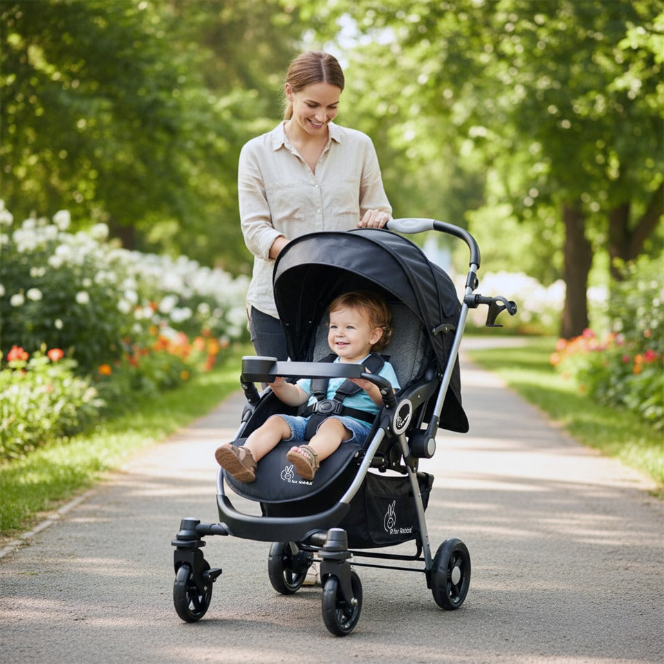 Chocolate Ride Stroller For Kids - Reversible Handle, Multiple Recline Positions, Cup Holder with Meal Tray, 5 Point Safety Harness, Storage Basket