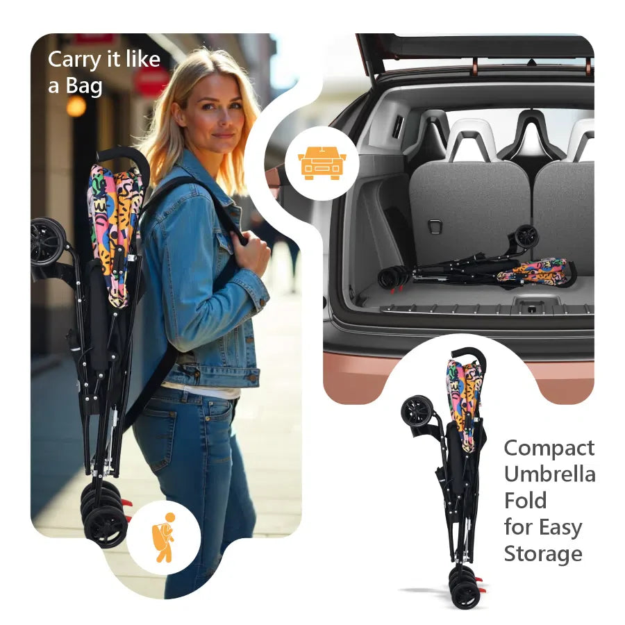 Pixie Buggy Stroller - Easy to Fold & Store, UV Sun Protection Canopy, Rear Brakes, Storage bag