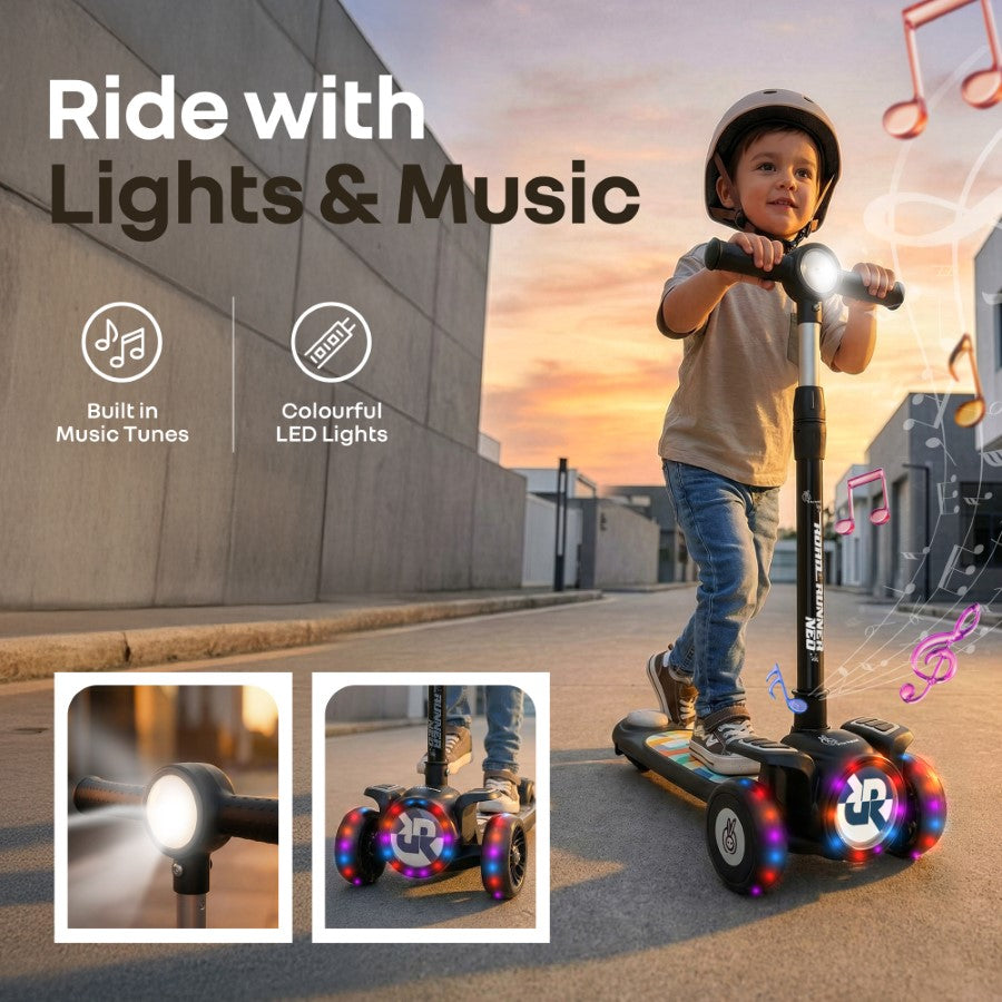 R for Rabbit Road Runner Neo Kids Scooter with LED PU Wheels, Music, Gravity Steering, 4-Level Height Adjustment & BIS Certified Safety (3+ Years)
