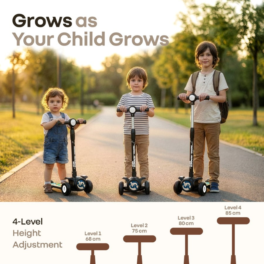 R for Rabbit Road Runner Neo Kids Scooter with LED PU Wheels, Music, Gravity Steering, 4-Level Height Adjustment & BIS Certified Safety (3+ Years)