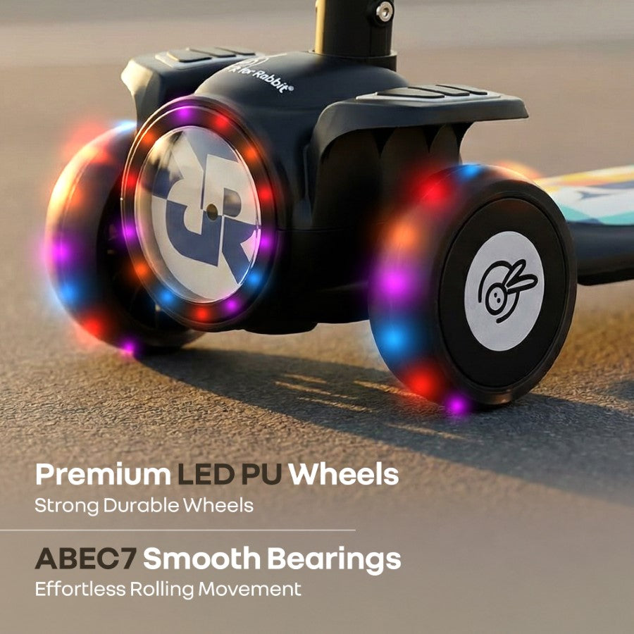 R for Rabbit Road Runner Neo Kids Scooter with LED PU Wheels, Music, Gravity Steering, 4-Level Height Adjustment & BIS Certified Safety (3+ Years)