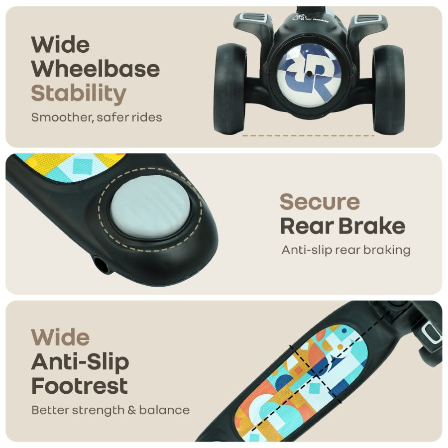 R for Rabbit Road Runner Neo Kids Scooter with LED PU Wheels, Music, Gravity Steering, 4-Level Height Adjustment & BIS Certified Safety (3+ Years)