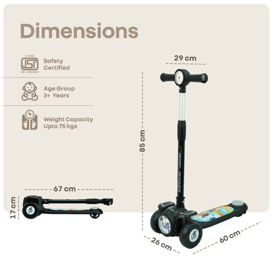 R for Rabbit Road Runner Neo Kids Scooter with LED PU Wheels, Music, Gravity Steering, 4-Level Height Adjustment & BIS Certified Safety (3+ Years)