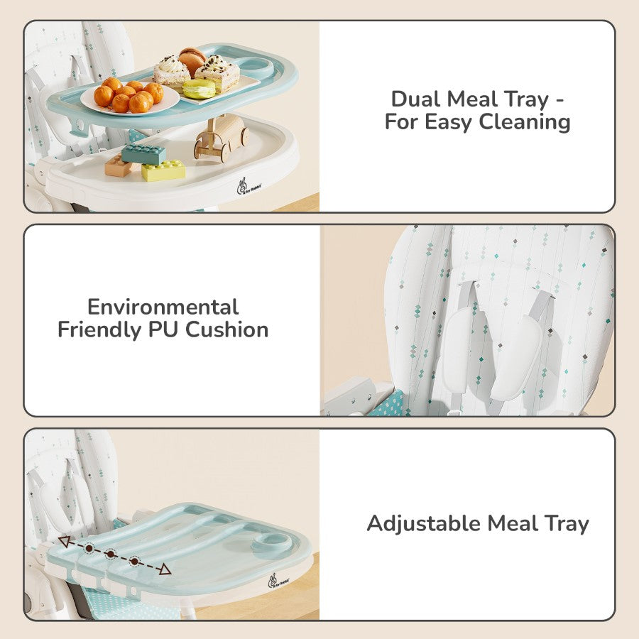 R for Rabbit Marshmallow Lite High Chair - 6 Level Height Adjustment, 3 Recline Modes, Adjustable & Removable Meal Tray