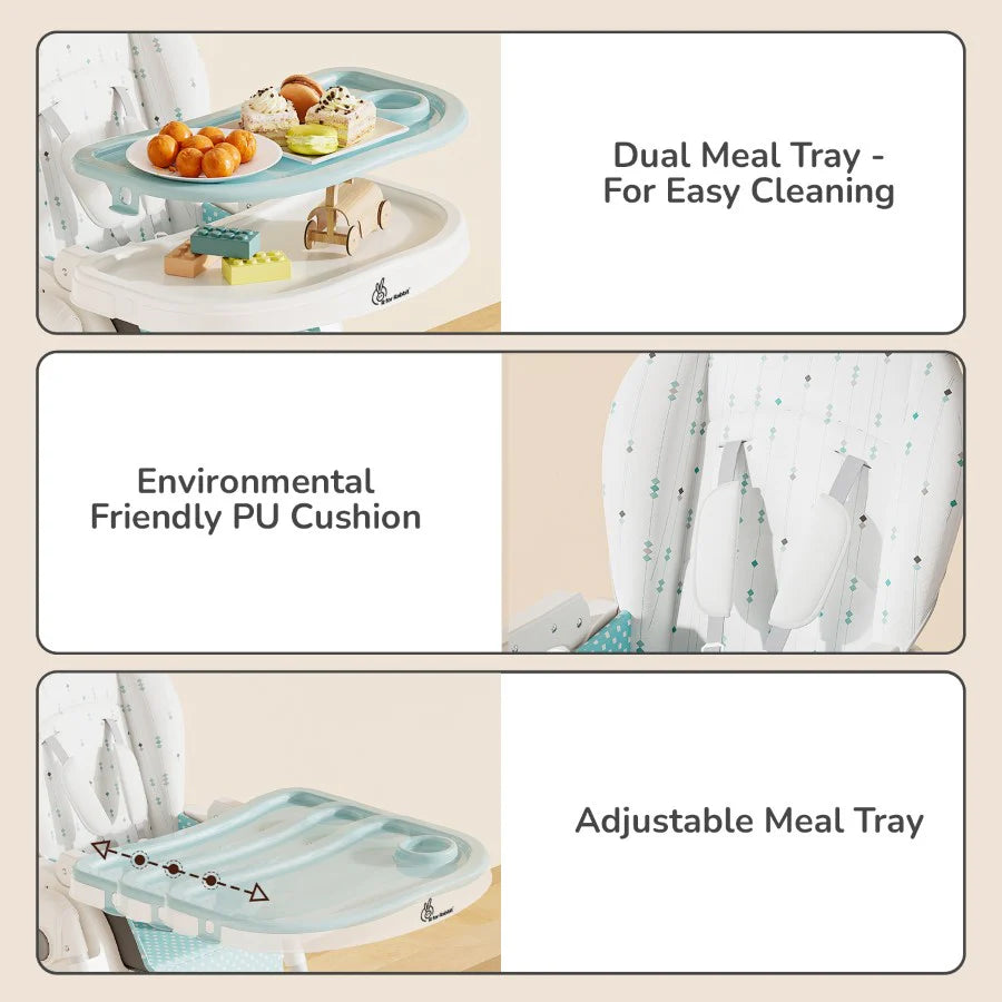 R for Rabbit Marshmallow Lite High Chair - 6 Level Height Adjustment, 3 Recline Modes, Adjustable & Removable Meal Tray