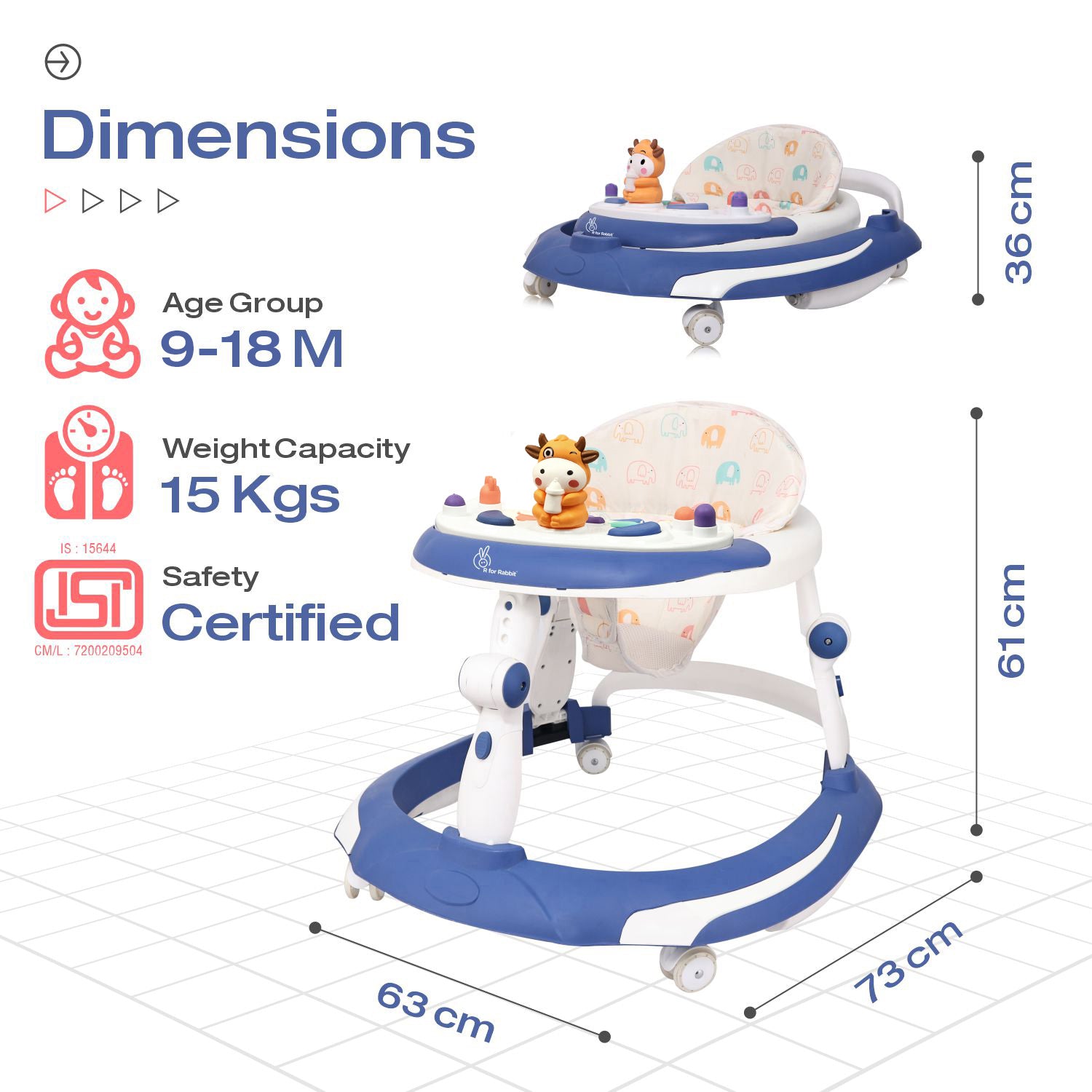 R for Rabbit Little Feet Plus Walker - Detachable Toy Bar/Meal Tray With Music & Light, 3 Level Height/ 4 Level Seat Adjustment, 2-in-1 Walker cum Rocker