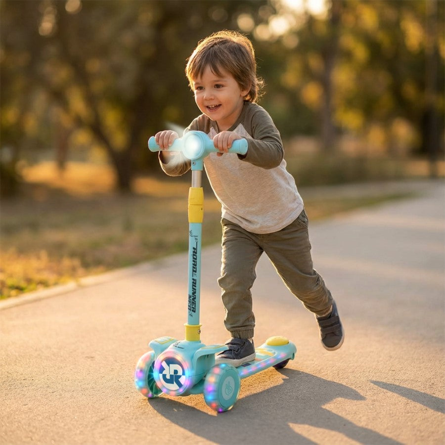 R for Rabbit Road Runner Neo Kids Scooter with LED PU Wheels, Music, Gravity Steering, 4-Level Height Adjustment & BIS Certified Safety (3+ Years)