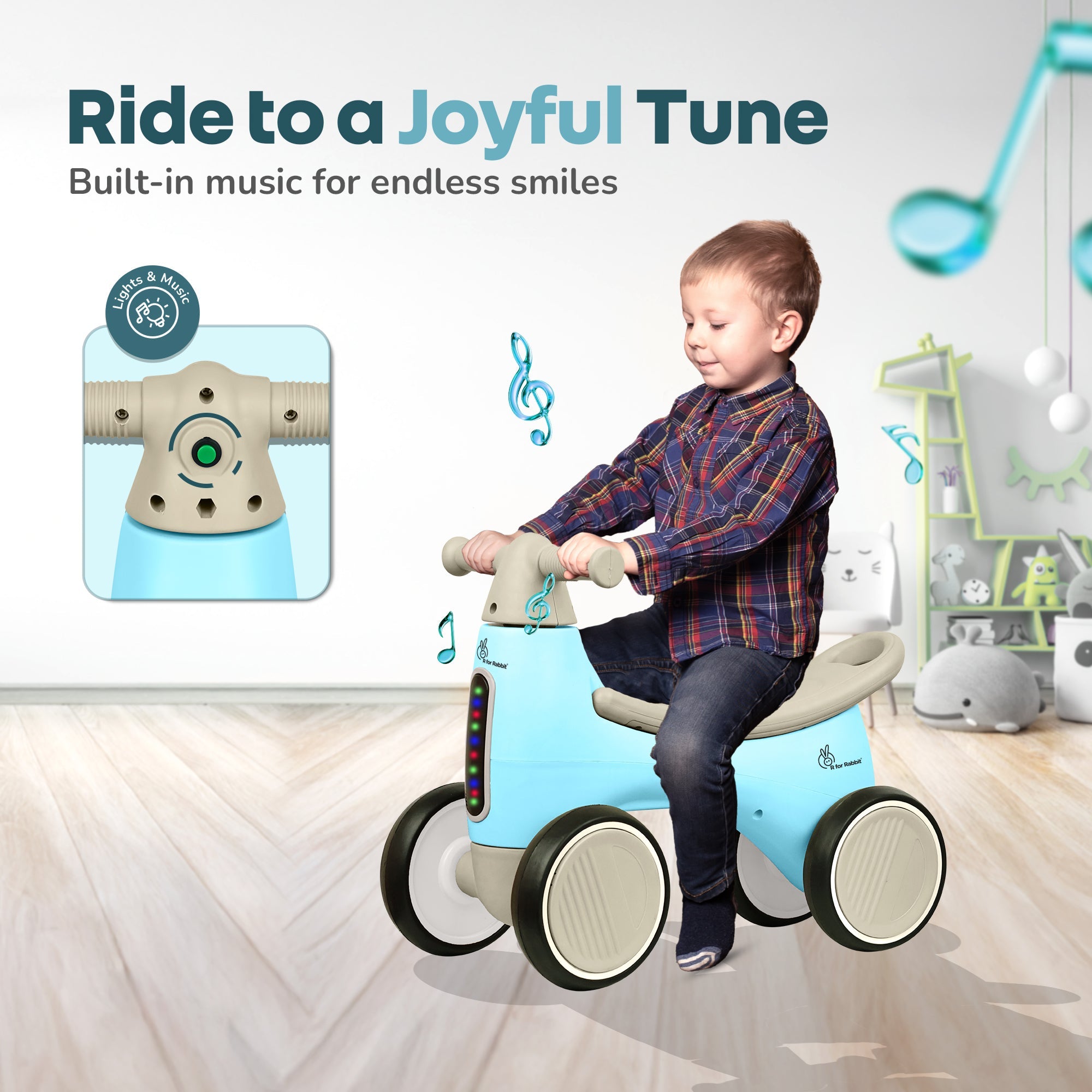 R for Rabbit Speedster Glider Baby Ride On Car – Fun Push Ride with Music, LED Lights, Toy Storage & EVA Wheels