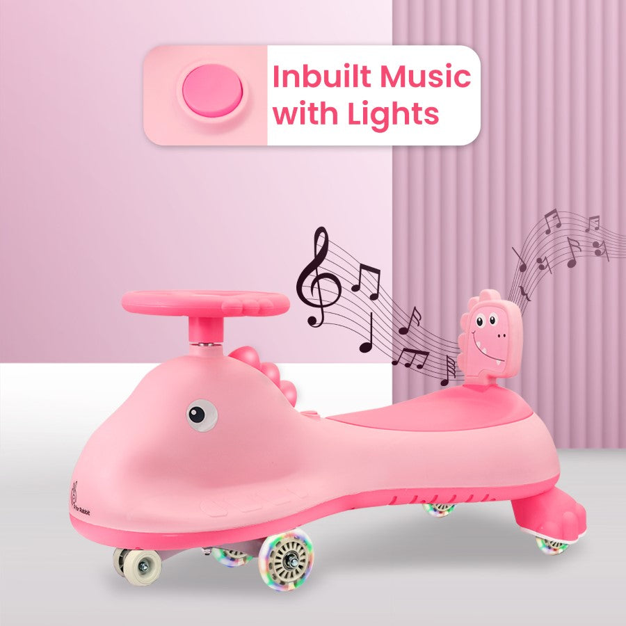 R for Rabbit Iya Iya Dino Swing Car For Kids - Inbuilt Music With Light, PU LED Wheels, ABEC 7 Bearing, Up to 100 Kgs Capacity