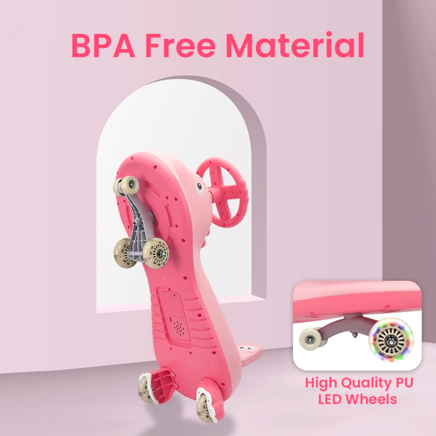 R for Rabbit Iya Iya Dino Swing Car For Kids - Inbuilt Music With Light, PU LED Wheels, ABEC 7 Bearing, Up to 100 Kgs Capacity