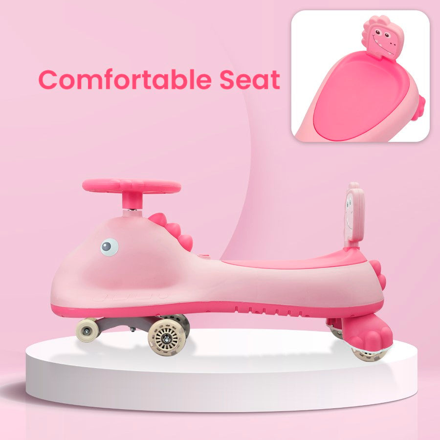 R for Rabbit Iya Iya Dino Swing Car For Kids - Inbuilt Music With Light, PU LED Wheels, ABEC 7 Bearing, Up to 100 Kgs Capacity
