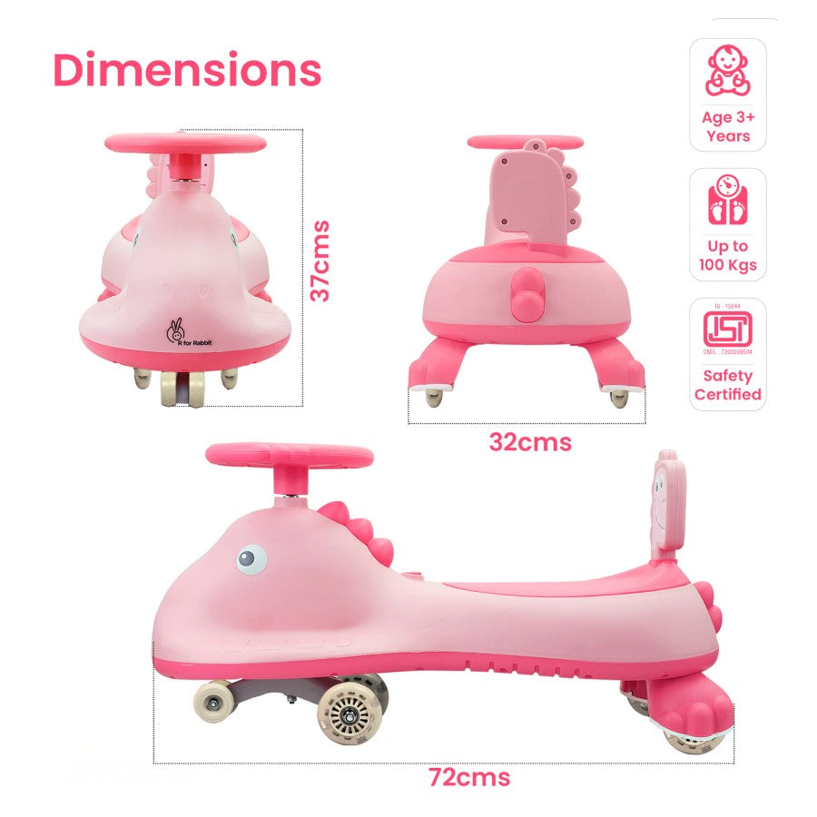 R for Rabbit Iya Iya Dino Swing Car For Kids - Inbuilt Music With Light, PU LED Wheels, ABEC 7 Bearing, Up to 100 Kgs Capacity