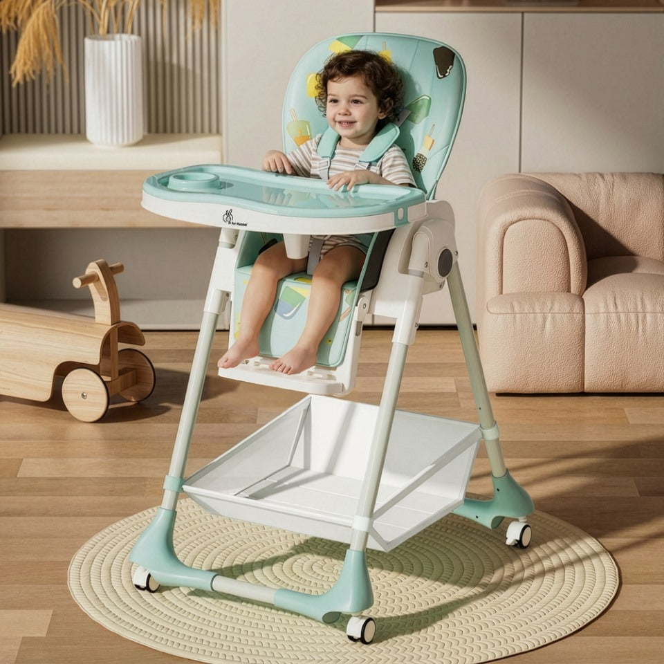R for Rabbit Marshmallow High Chair - 7 Level Height Adjustment, 3 Recline Modes, Adjustable & Removable Double Meal Tray, 6 months-5 years