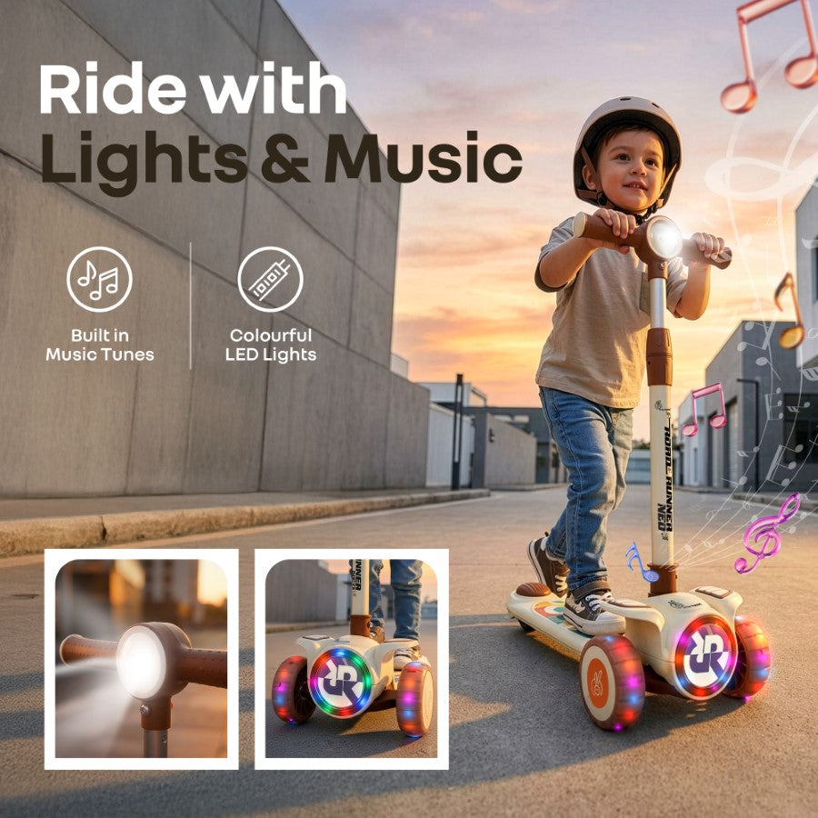 R for Rabbit Road Runner Neo Kids Scooter with LED PU Wheels, Music, Gravity Steering, 4-Level Height Adjustment & BIS Certified Safety (3+ Years)