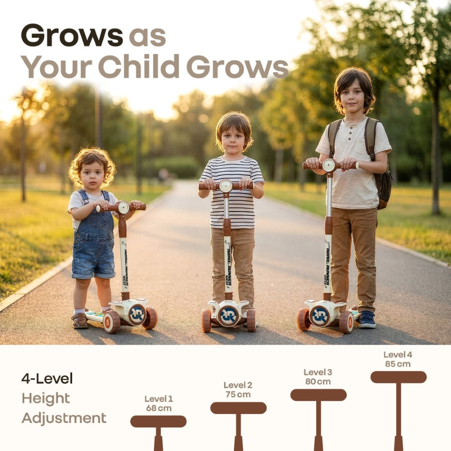 R for Rabbit Road Runner Neo Kids Scooter with LED PU Wheels, Music, Gravity Steering, 4-Level Height Adjustment & BIS Certified Safety (3+ Years)