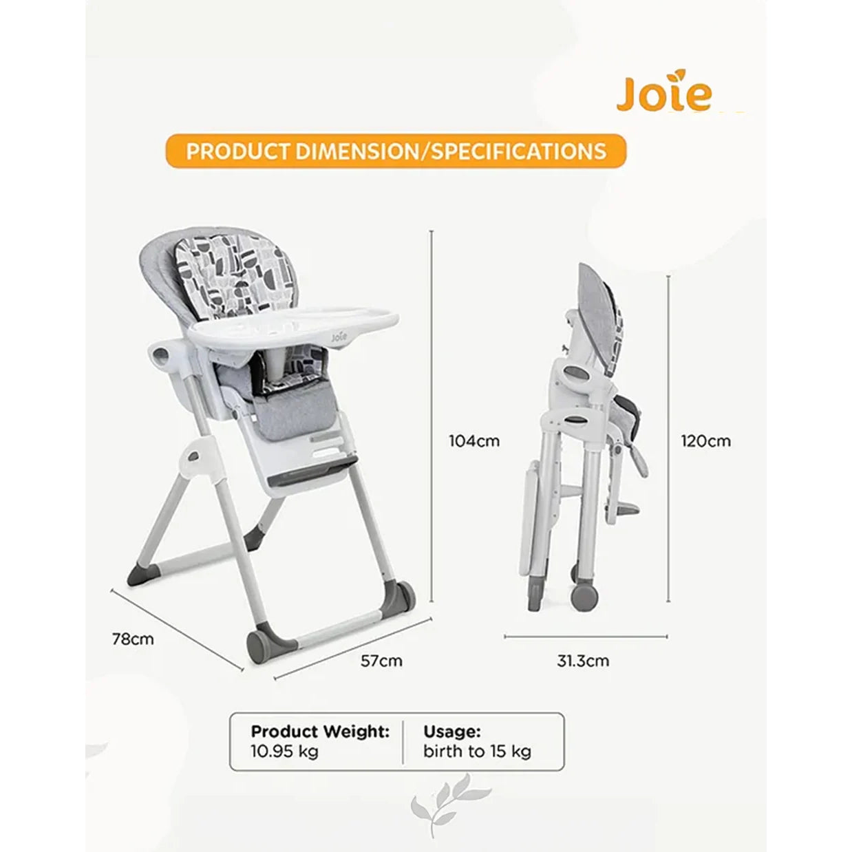Joie Mimzy Recline High Chair-5 Position Recline-7 Height Positions-Upto 15 Kg-Logan