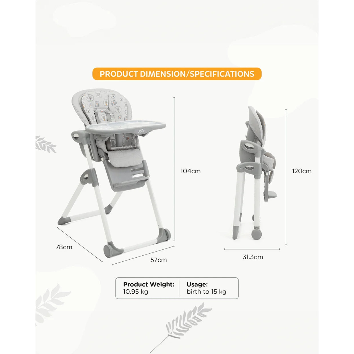 Joie Mimzy Recline High Chair-5 Position Recline-7 Height Positions-Upto 15 Kg-Logan