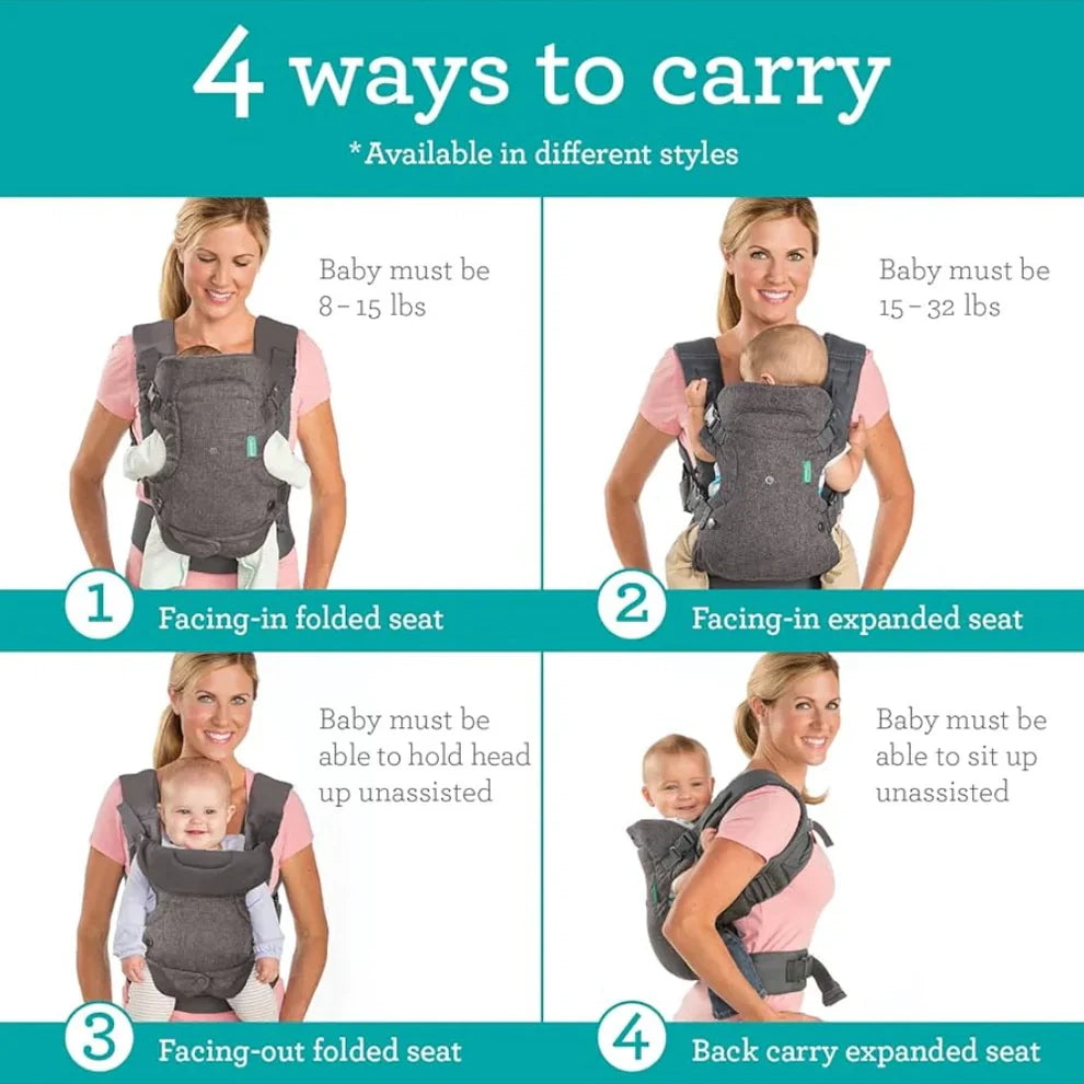Infantino Flip 4-in-1 Convertible Baby Carrier-With 4 Carrying Positions-Head Support For Extra Comfort-Adjustable Waist Belt-For 0 to 3Y ( 3.5 to 14 Kg)-Grey